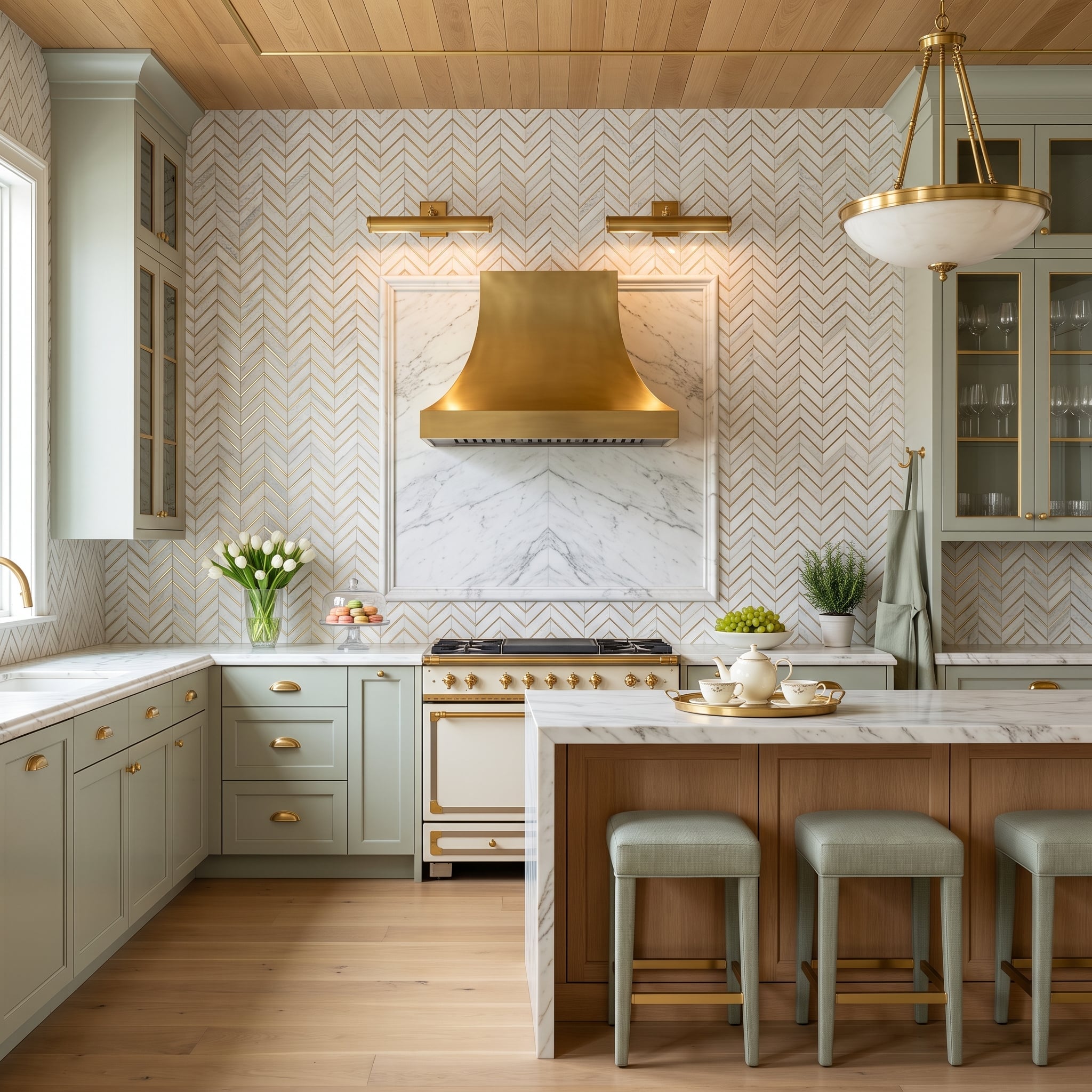 Herringbone Tile Gets Gold Grout Lines, and the Cooking Wall Becomes the Main Event