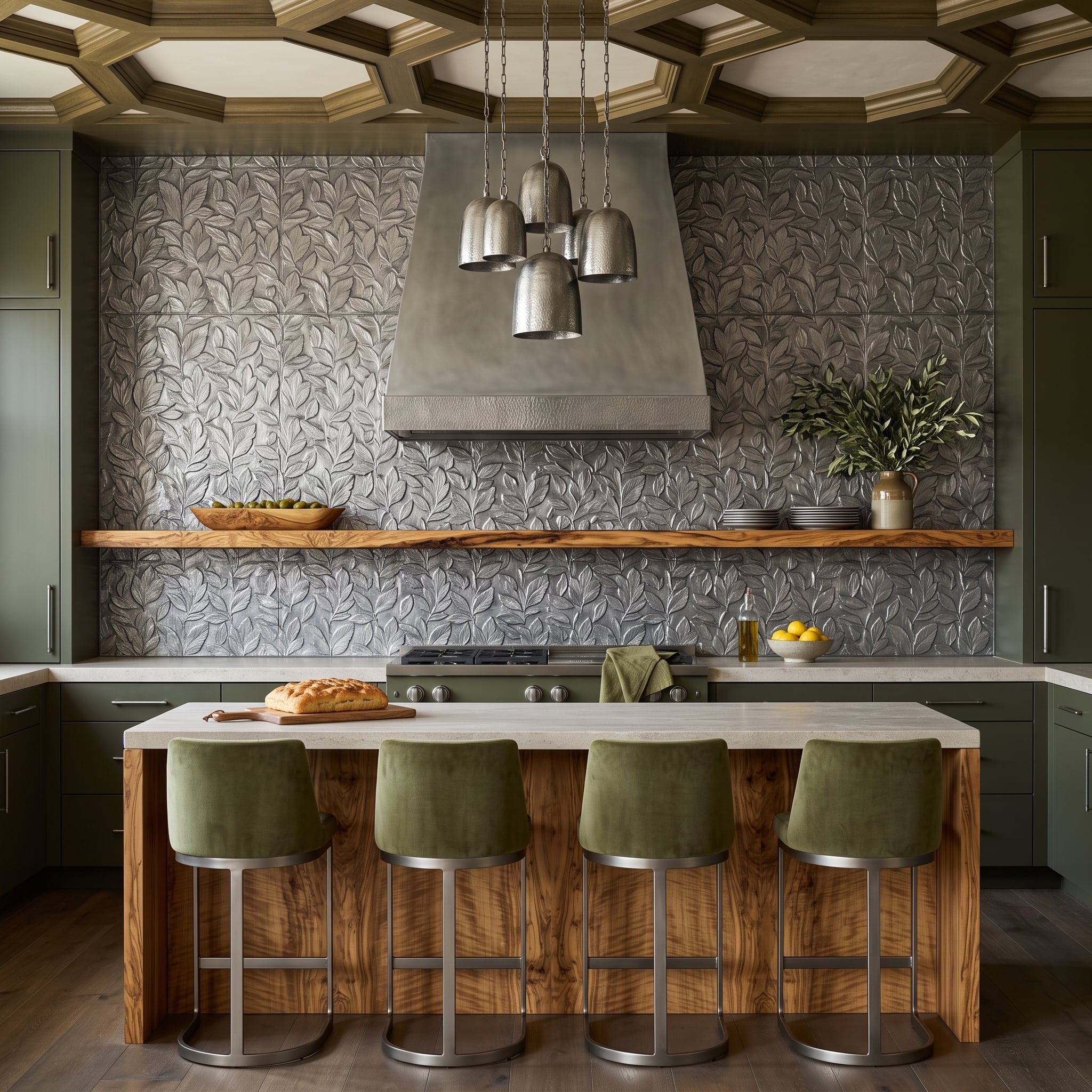 Leaf-Embossed Silver Tile Covers the Entire Cooking Wall, Ceiling Detail and All
