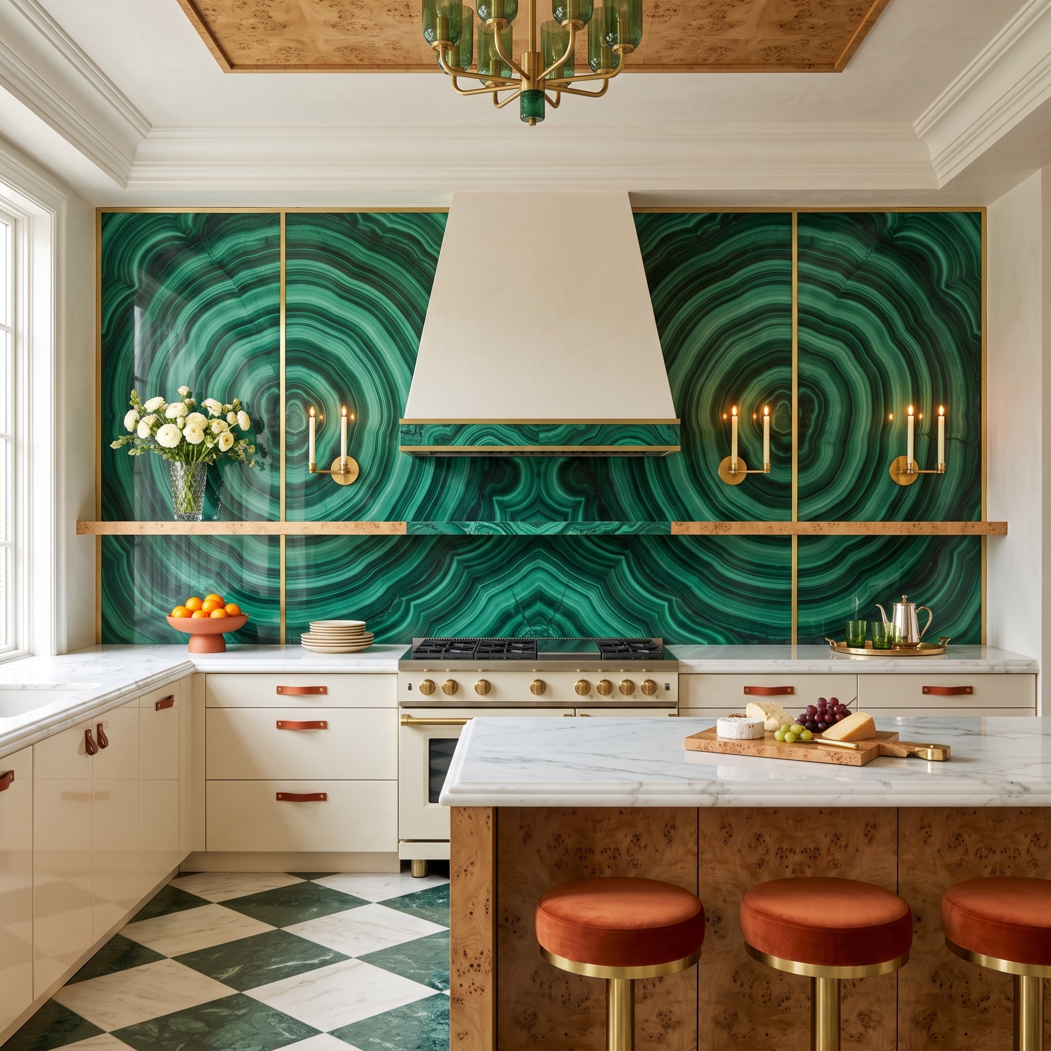 Malachite Covers the Entire Cooking Wall — Range Hood Surround and All