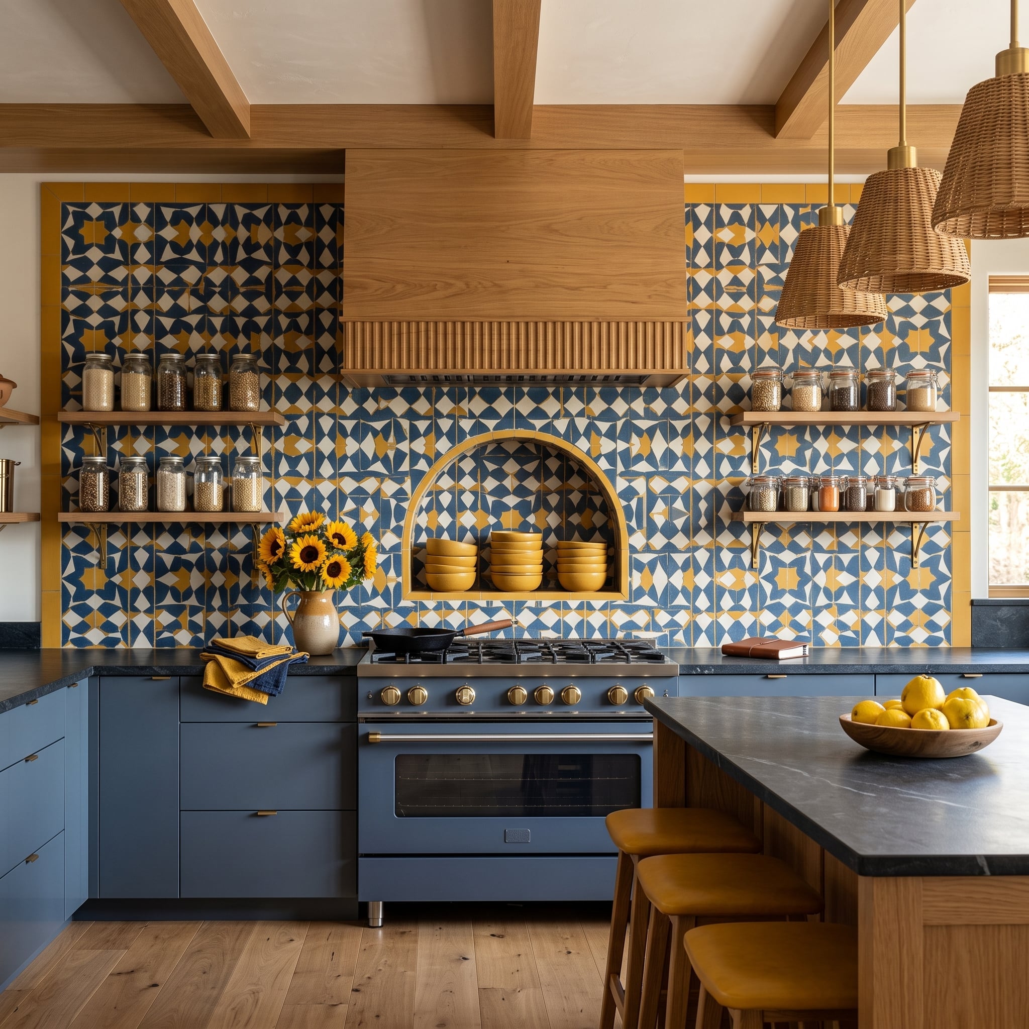 Moroccan-Pattern Cement Tile Covers Every Inch of the Cooking Wall, and the Hood Works With It