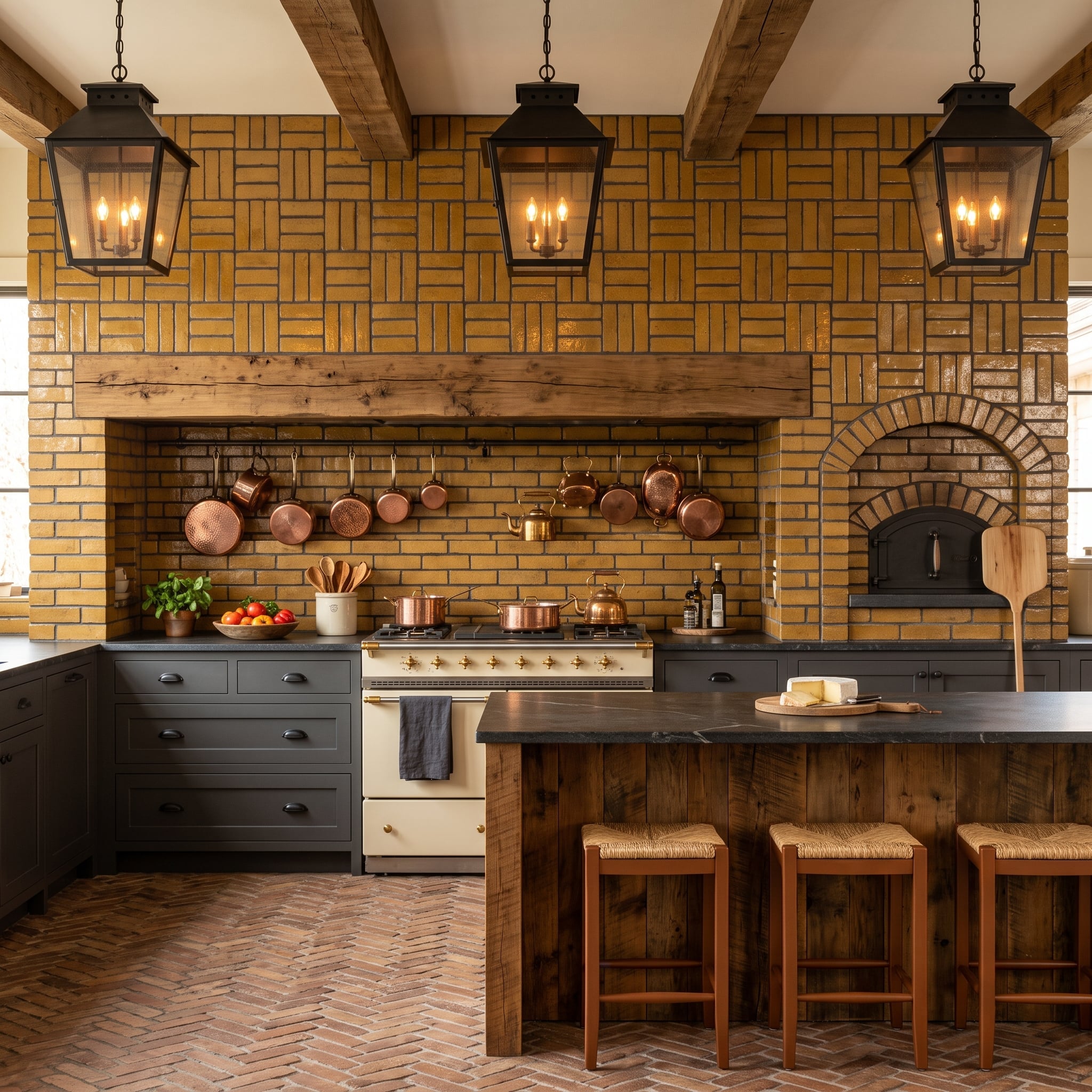 Mustard Brick Covers the Entire Cooking Wall, and the Wood Beam Doesn't Apologize for Being Heavy