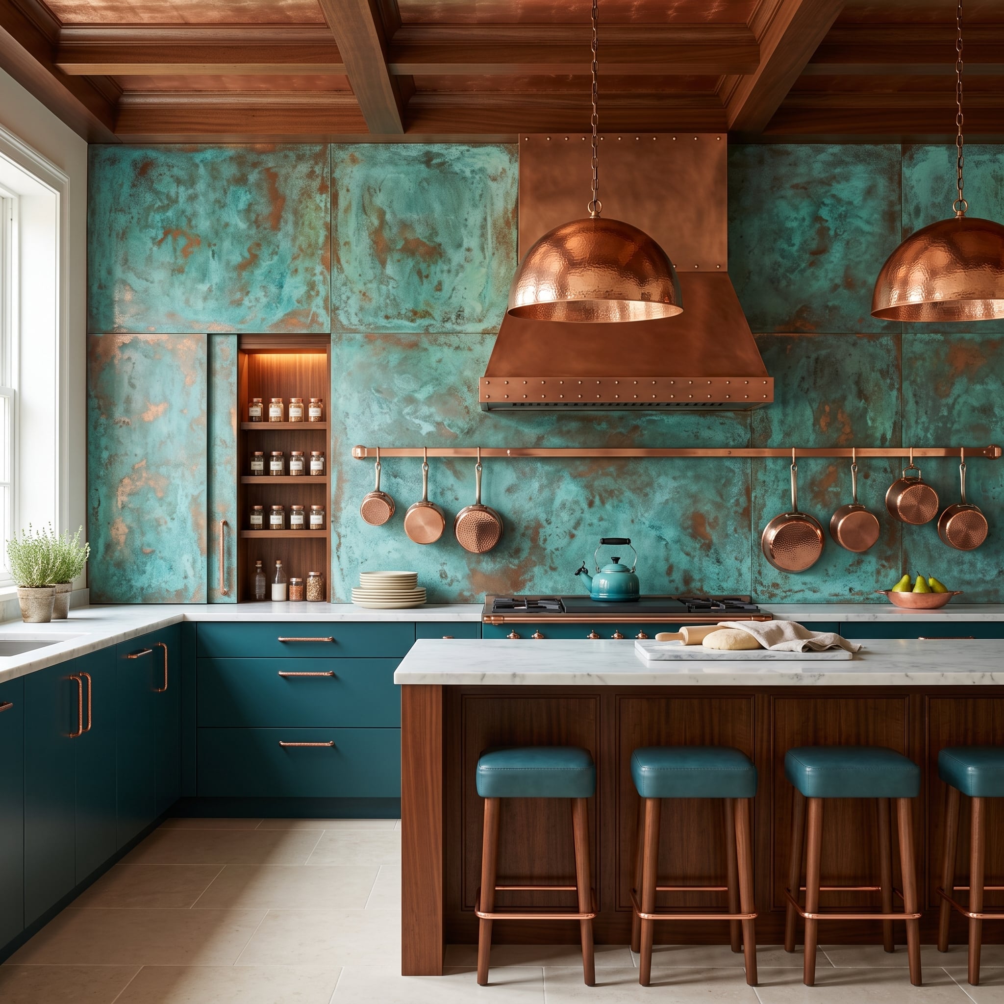Oxidized Copper Panels Cover the Entire Cooking Wall, and the Hood Matches on Purpose