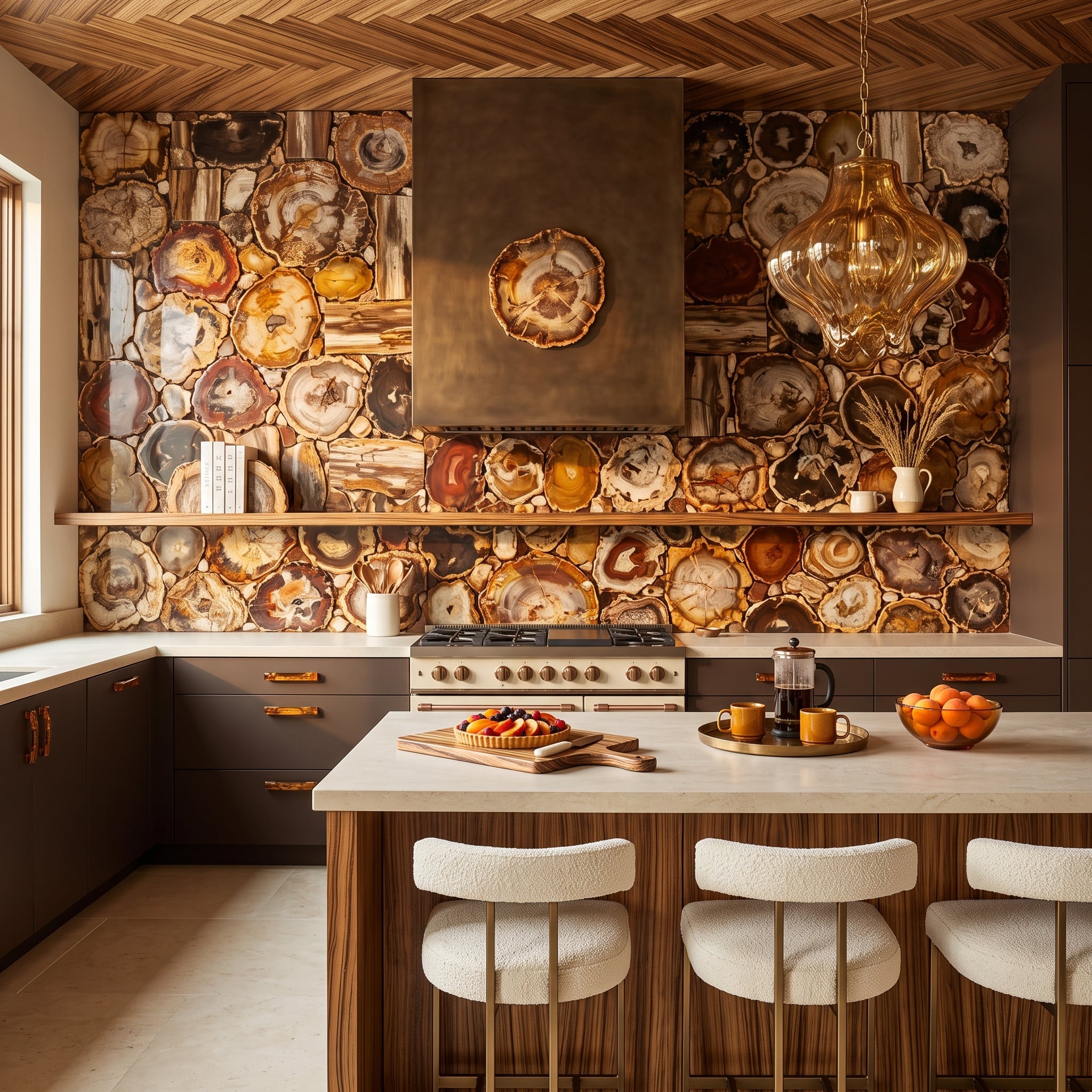 Petrified Wood Slices Cover the Entire Cooking Wall — Range Hood and All