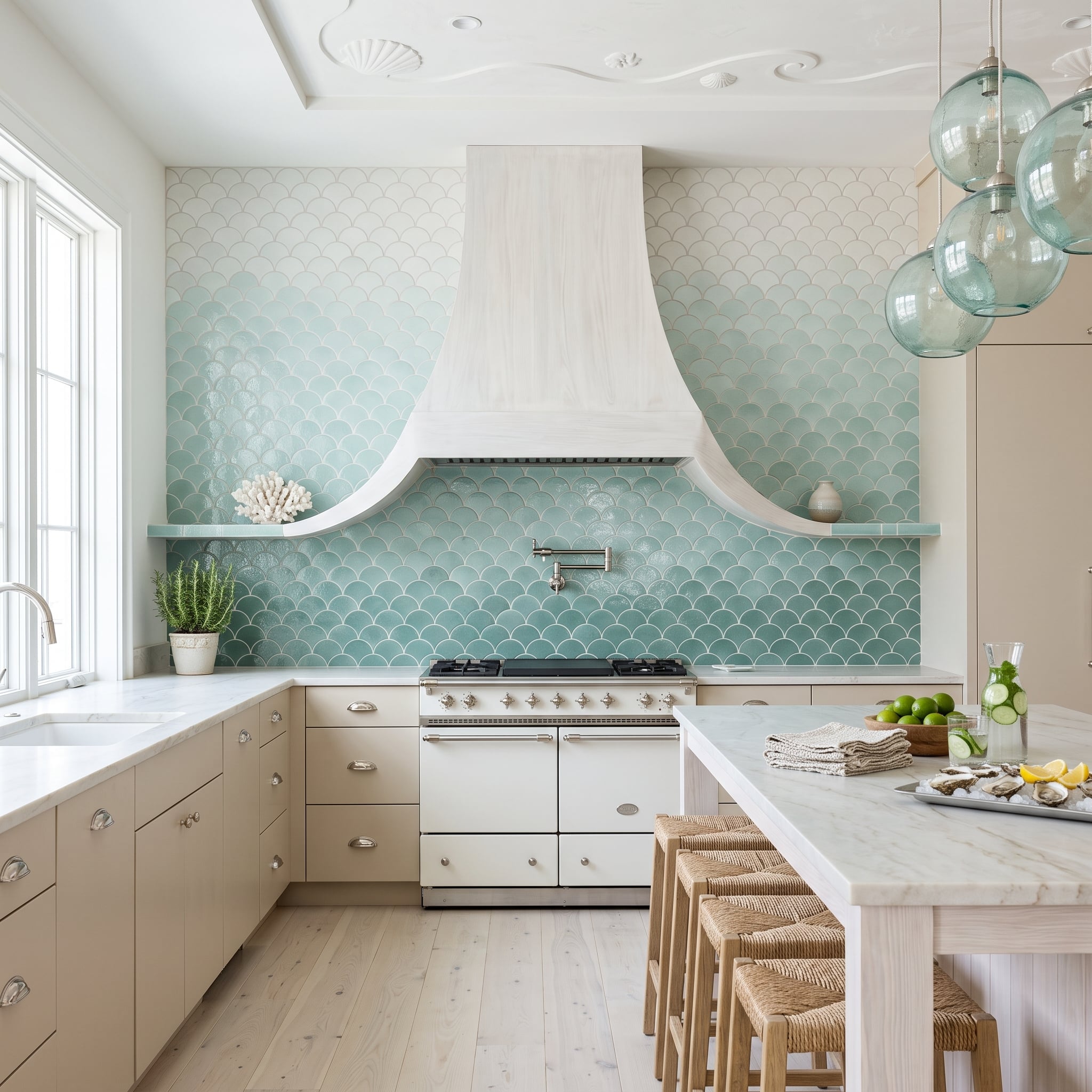 Scallop Tile Graduates from White to Teal, and the Hood Curves Right Along With It