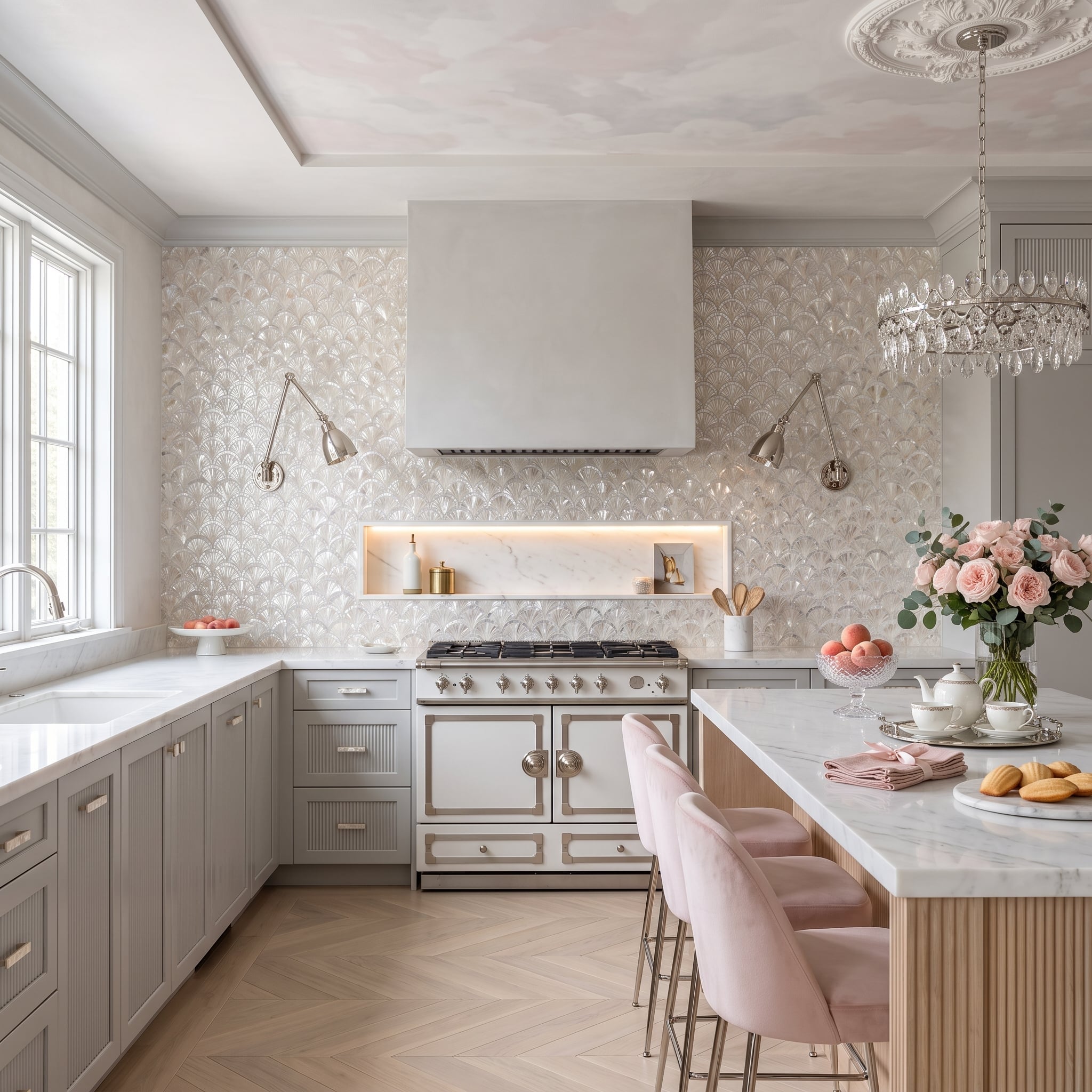 Shell-Patterned Mother-of-Pearl Tile Takes the Entire Cooking Wall, Hood and All