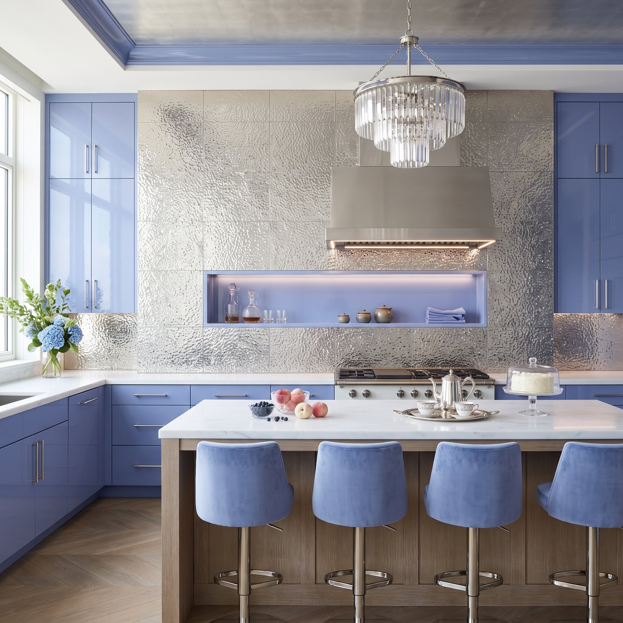 Silver Hammered Tile Covers the Entire Cooking Wall, and Blue Does the Rest