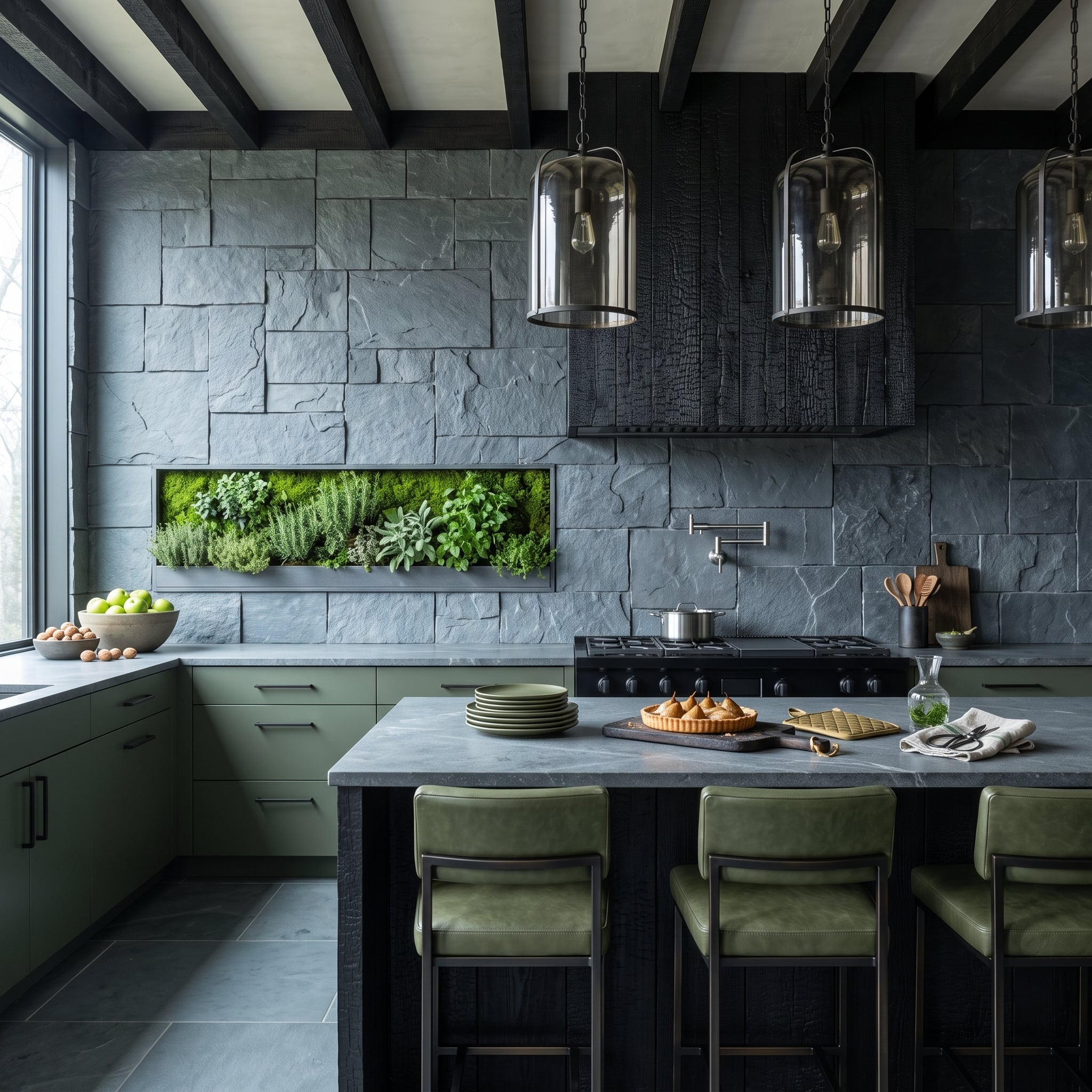 Slate Stone Walls, a Built-In Herb Garden, and Green Cabinets That Mean Business