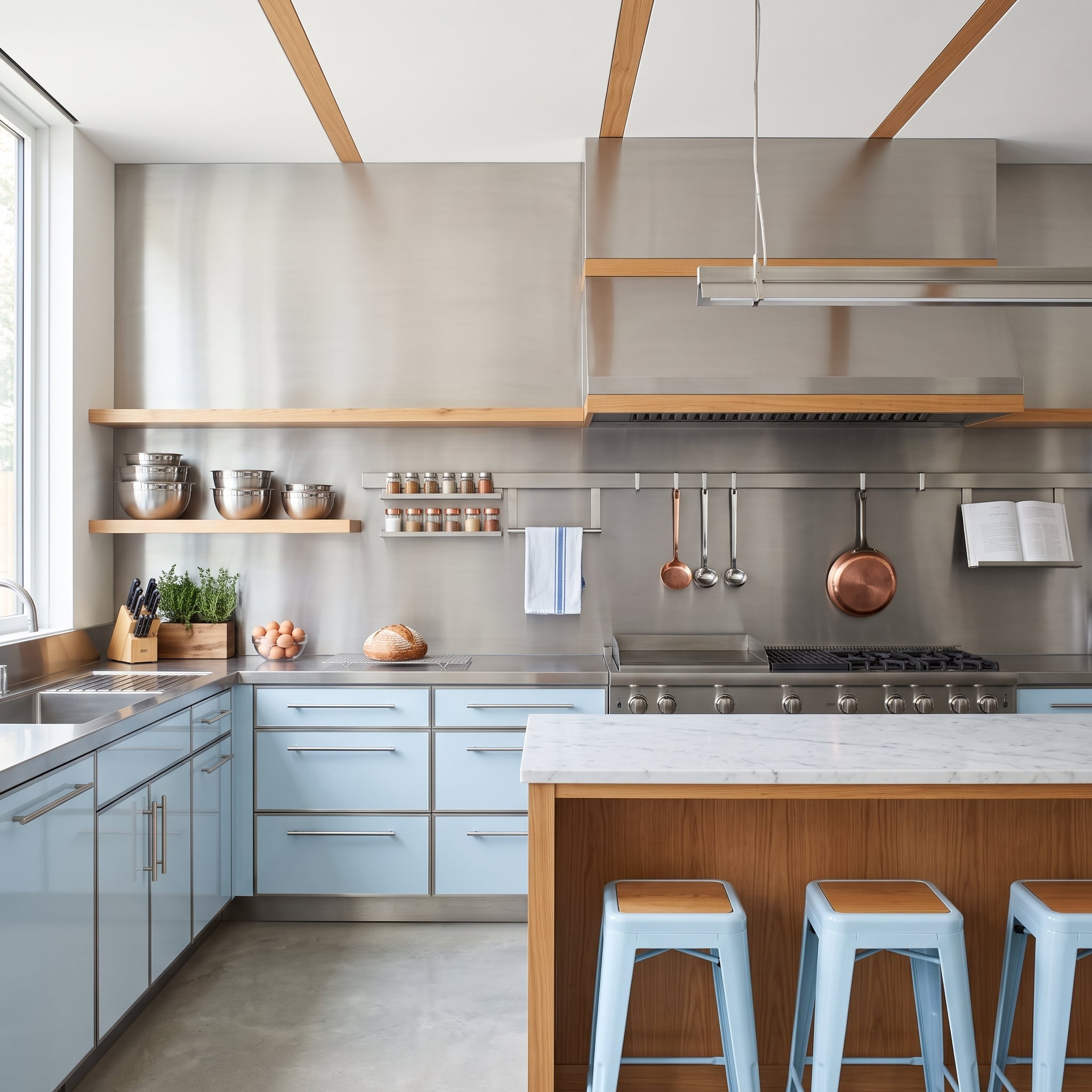 Stainless Steel Runs Wall-to-Wall, and the Copper Pans Are the Only Warmth It Needs