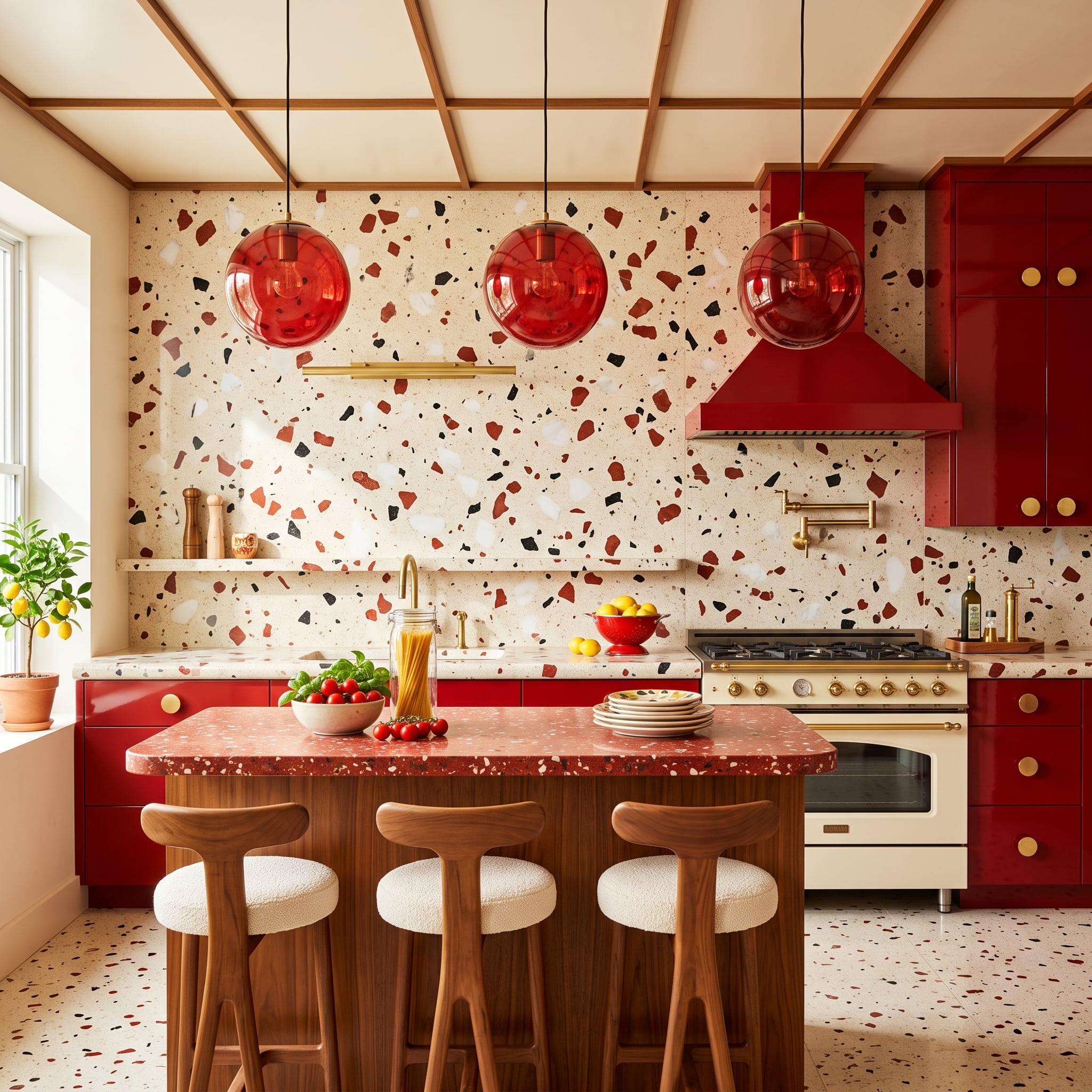 Terrazzo Goes Wall-to-Wall, and the Red Cabinets Don't Compete With It