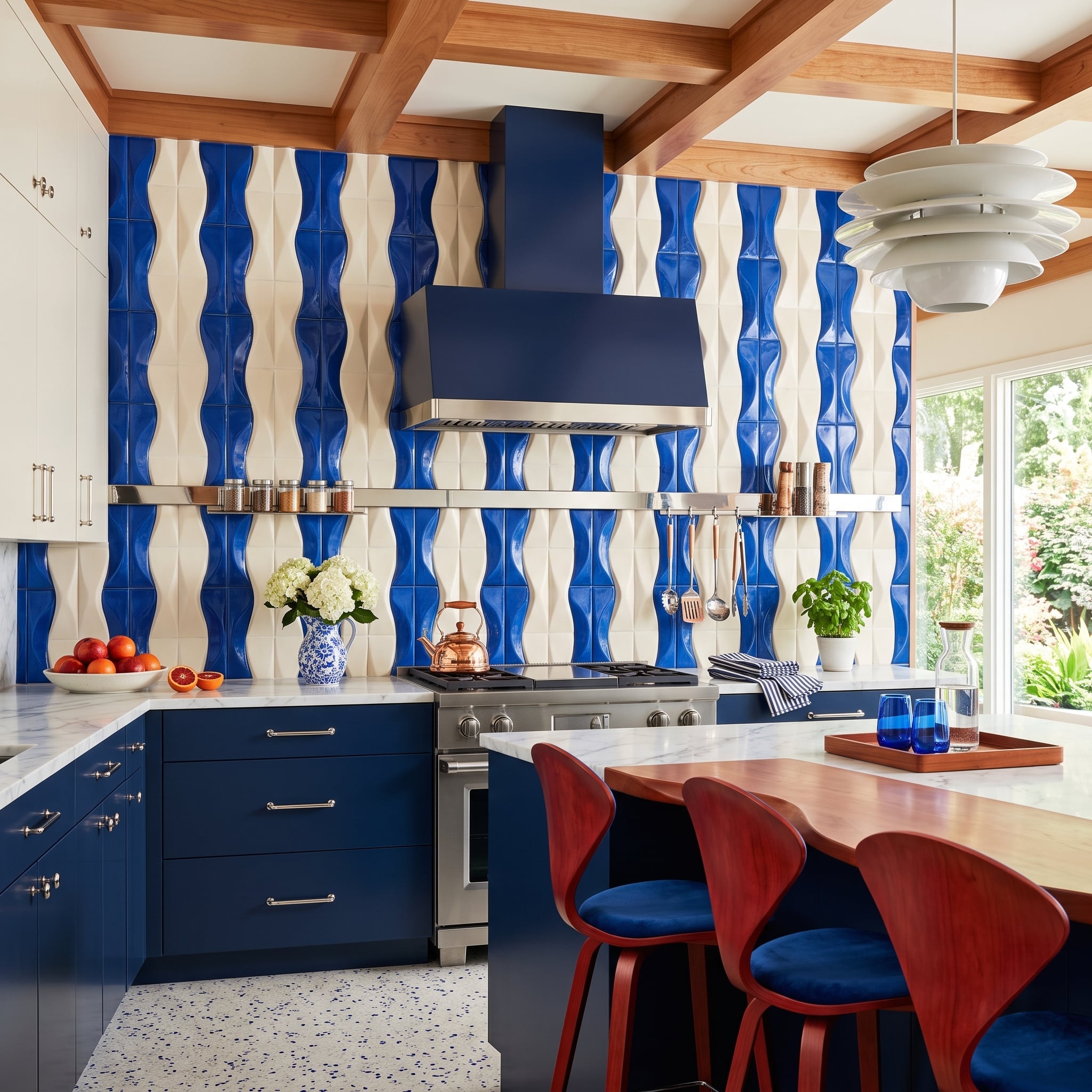 Wavy Cobalt Tile Covers the Entire Cooking Wall, and the Hood Joins In
