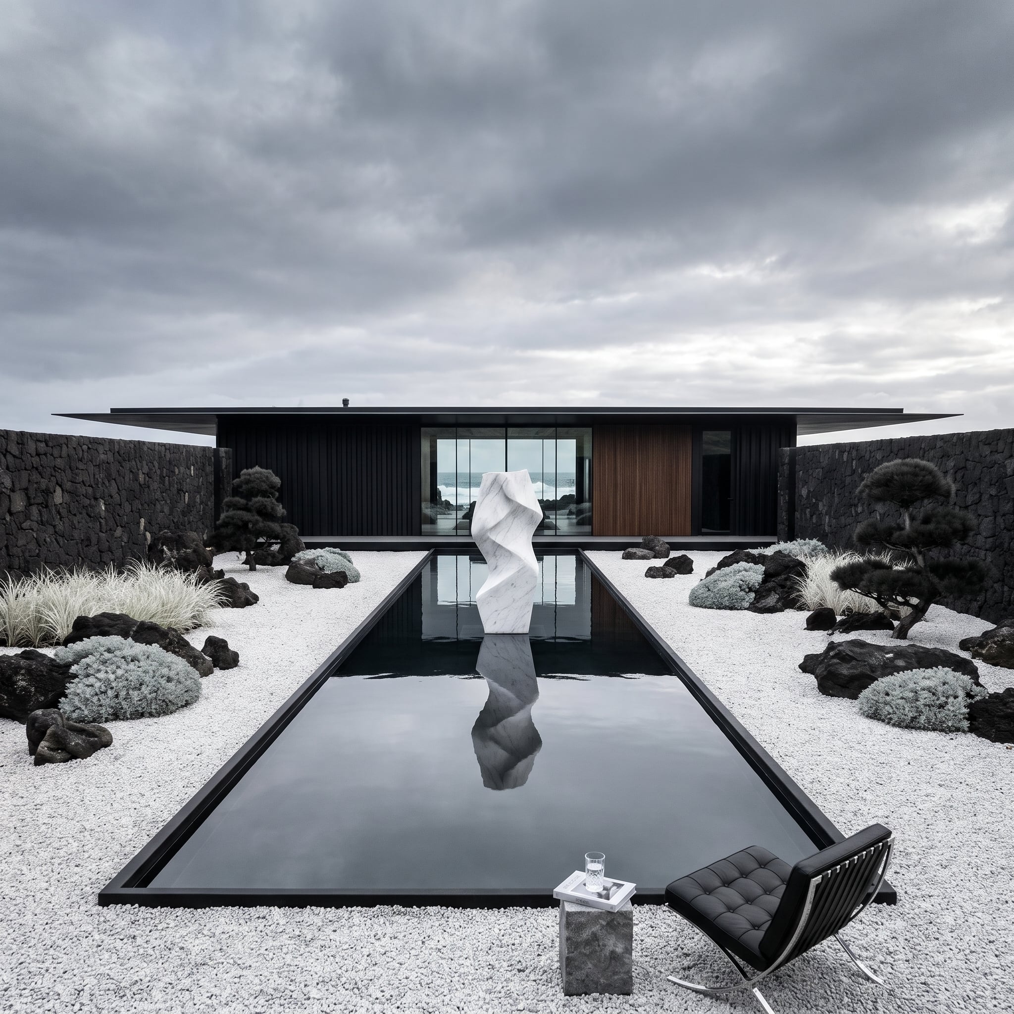 Black Lava Walls, White Gravel, and a Reflecting Pool That Mirrors the Ocean Beyond