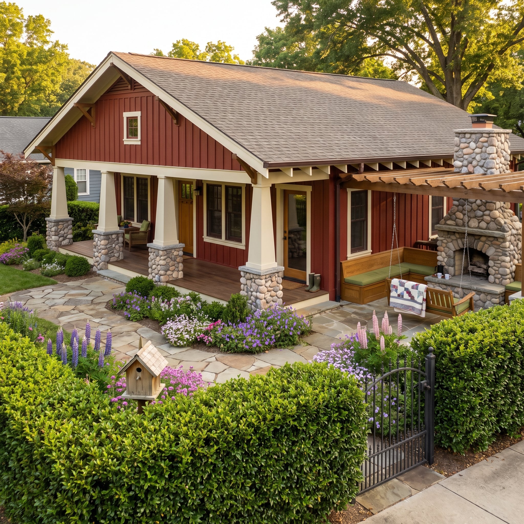 Board-and-Batten Red, River Rock Columns, and a Pergola Fireplace Nobody Wants to Leave