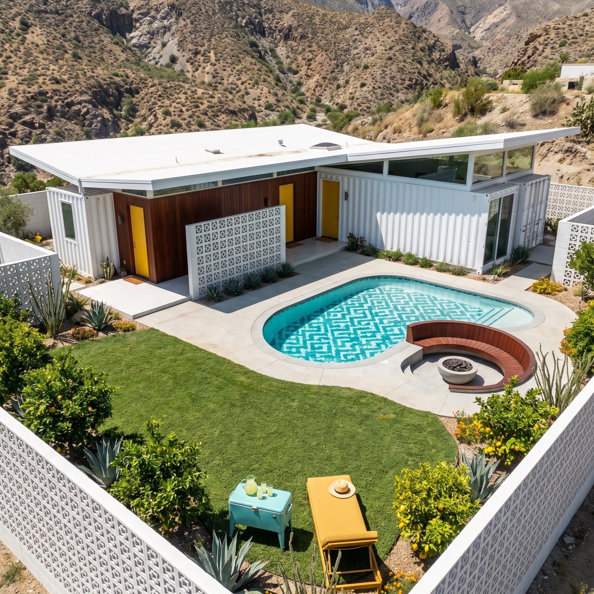 Breeze Block Walls, a Patterned Pool Floor, and Yellow Doors That Mean Business