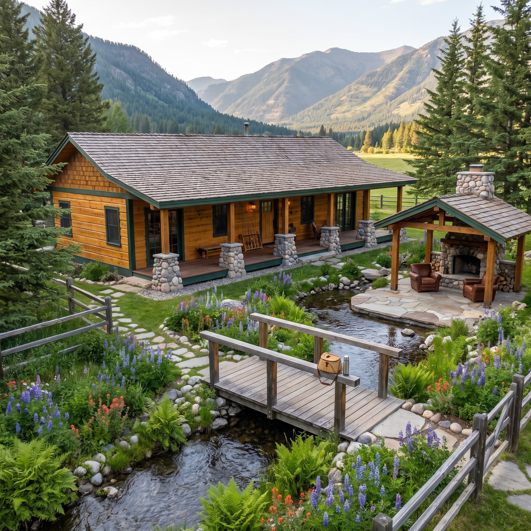 Cedar Siding, a Stone Fireplace Pavilion, and a Creek Running Through the Yard