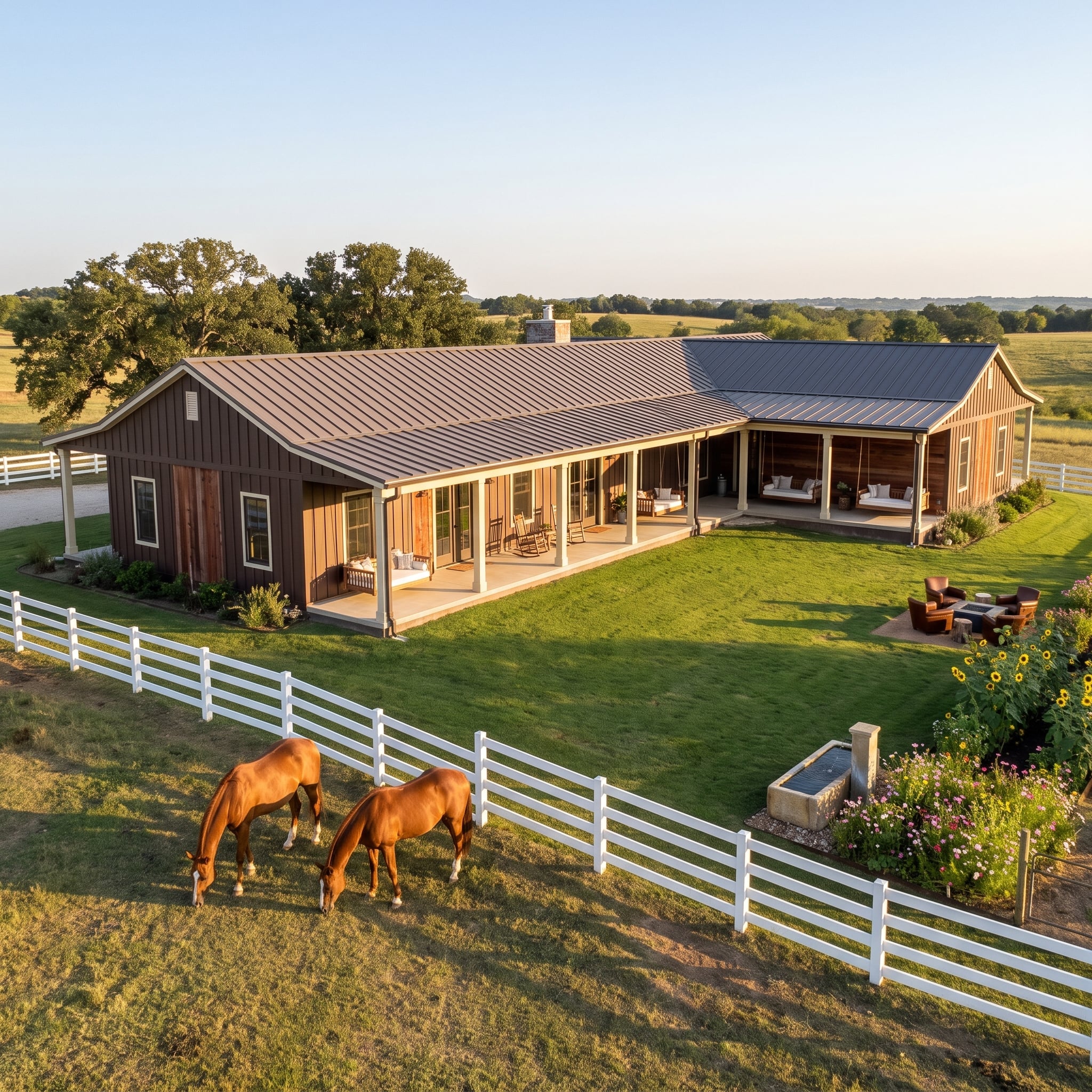 Chestnut Horses, White Rail Fencing, and a Wraparound Porch Built for Staying Put