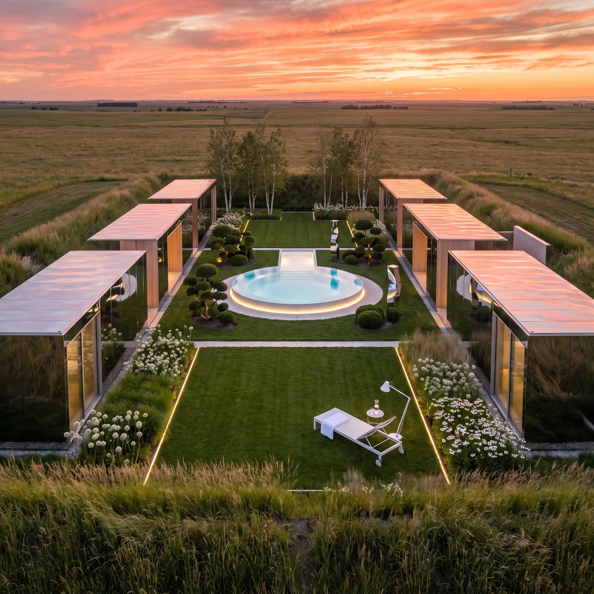 Circular Pool, Glowing Pathways, and Six Glass Pavilions Arranged Around a Private Garden