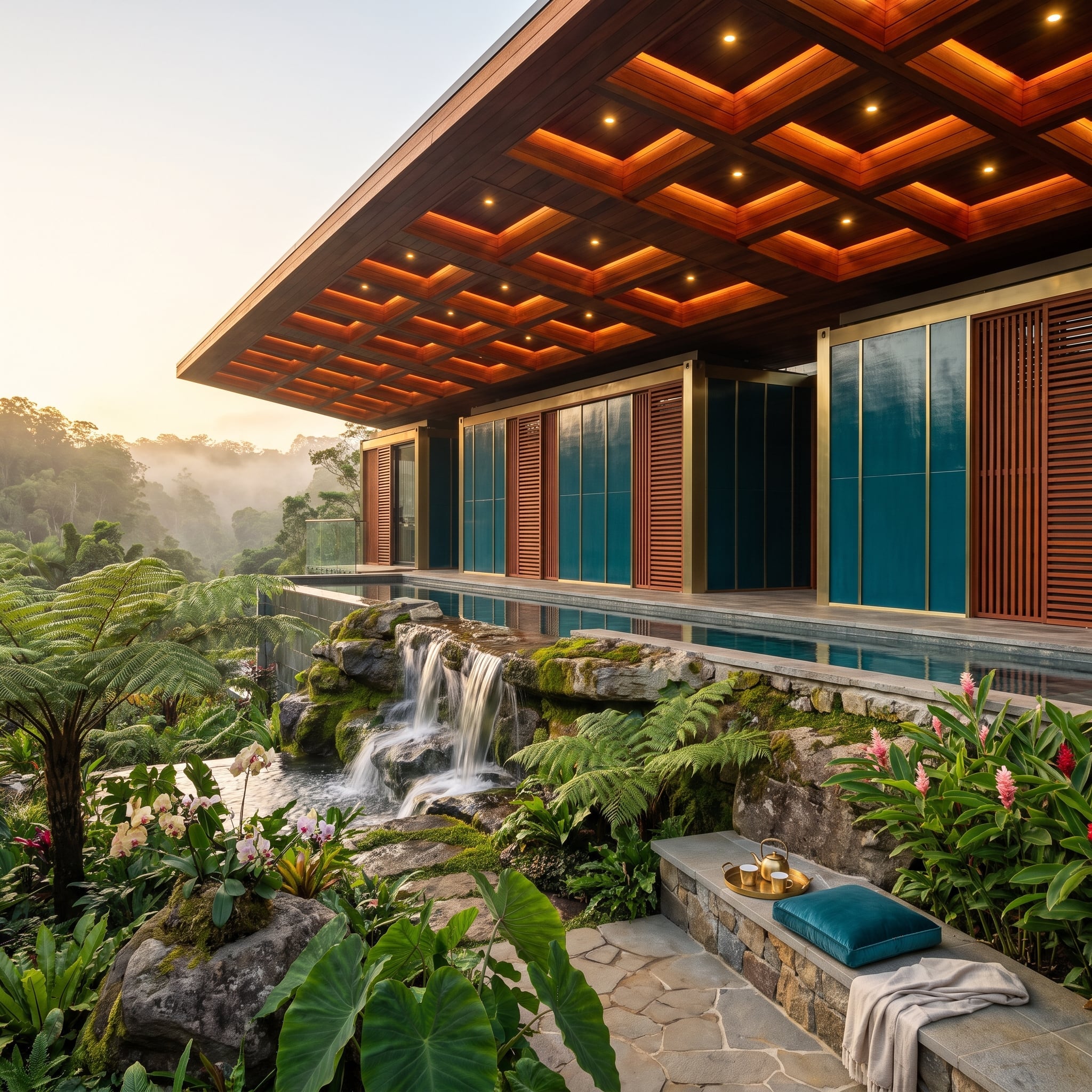 Coffered Wood Ceiling, a Natural Waterfall, and Teal Glass Walls No One Expected