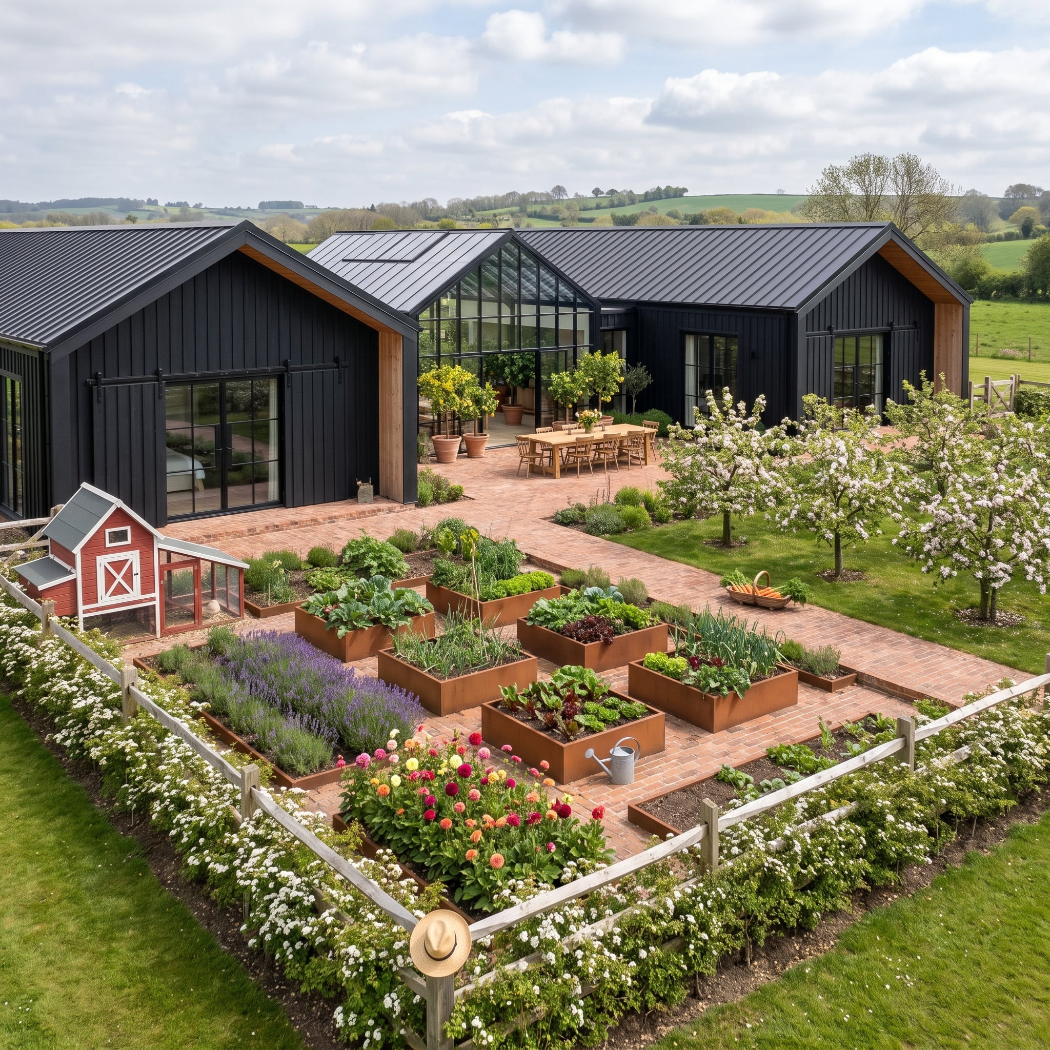 Corten Raised Beds, Blooming Orchard, and a Black Barn That Earns Its Place