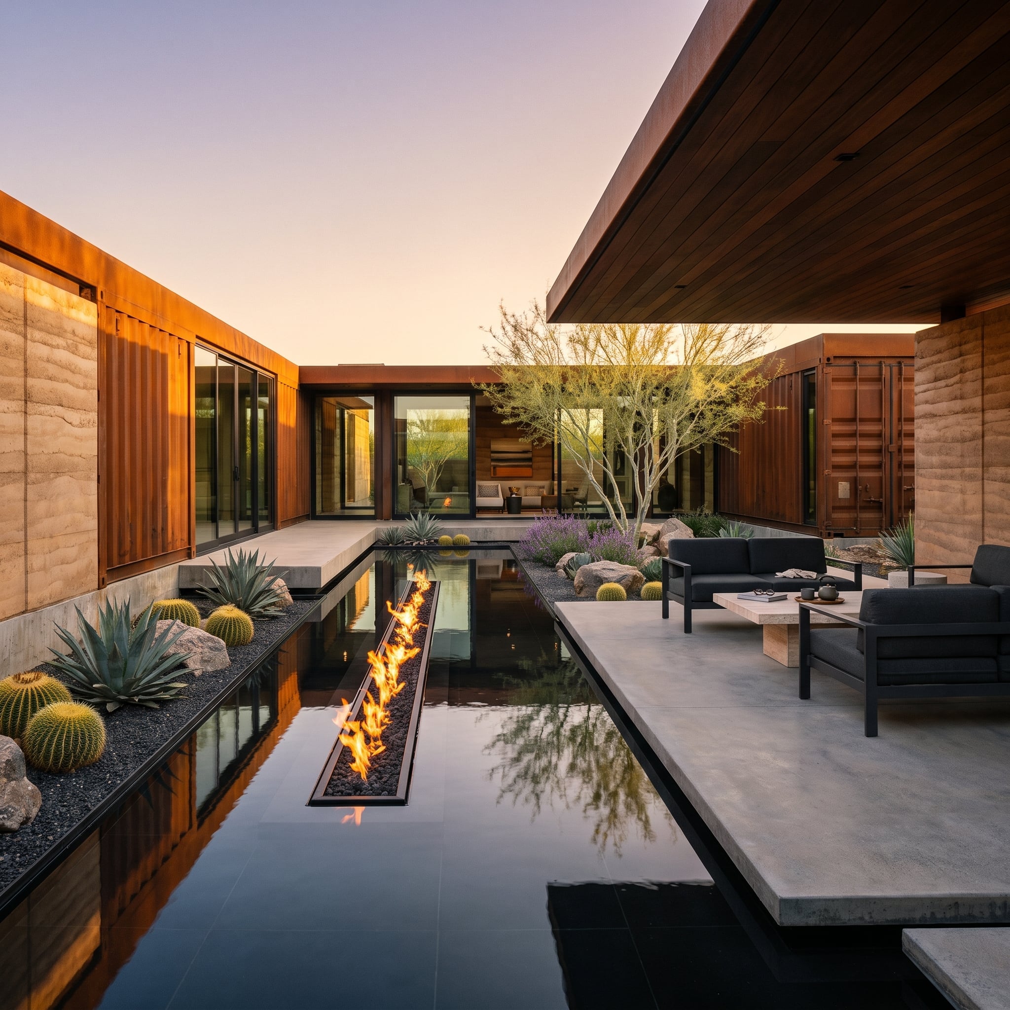 Corten Walls, a Linear Fire Channel, and Desert Planting That Doesn't Need Babysitting