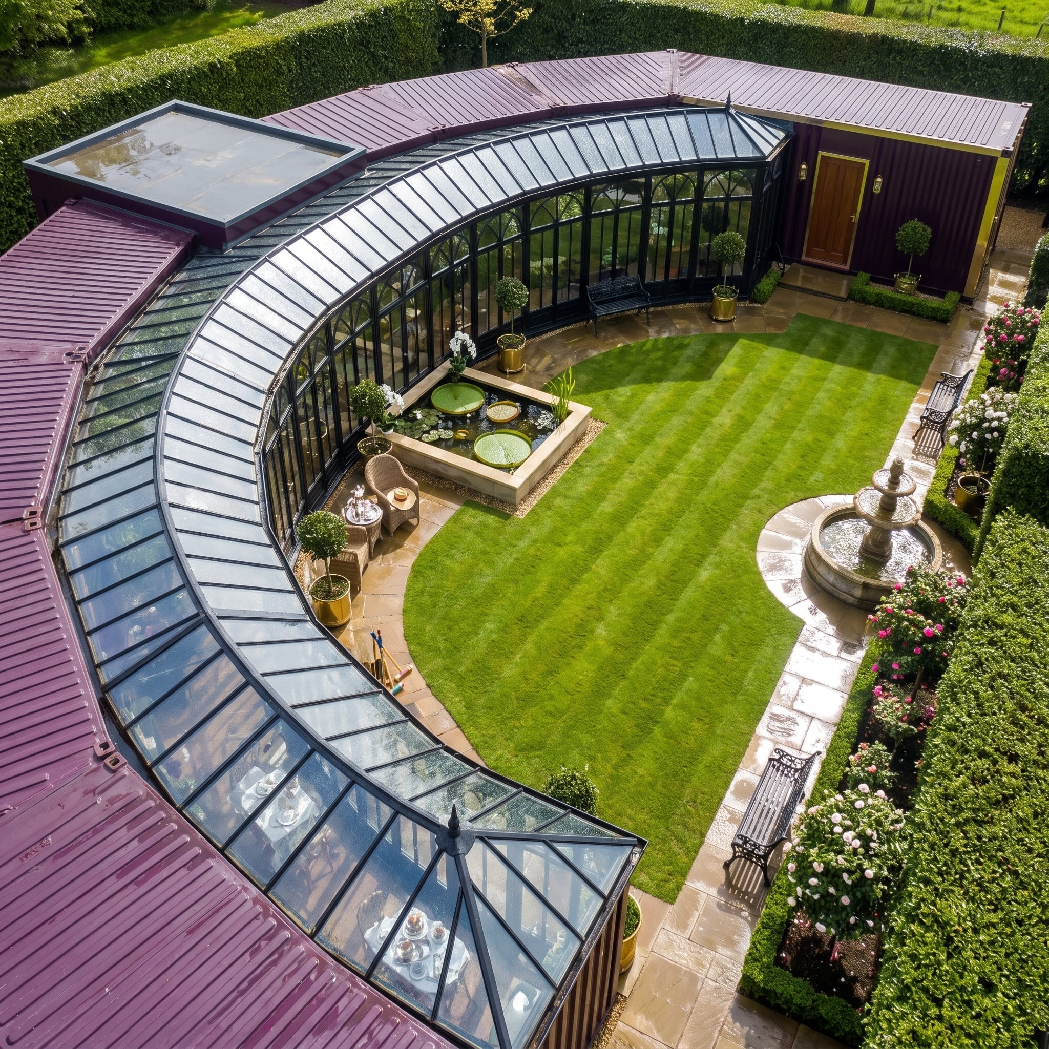 Curved Glass Conservatory, a Lily Pond, and Stripes Mowed Into a Private Lawn
