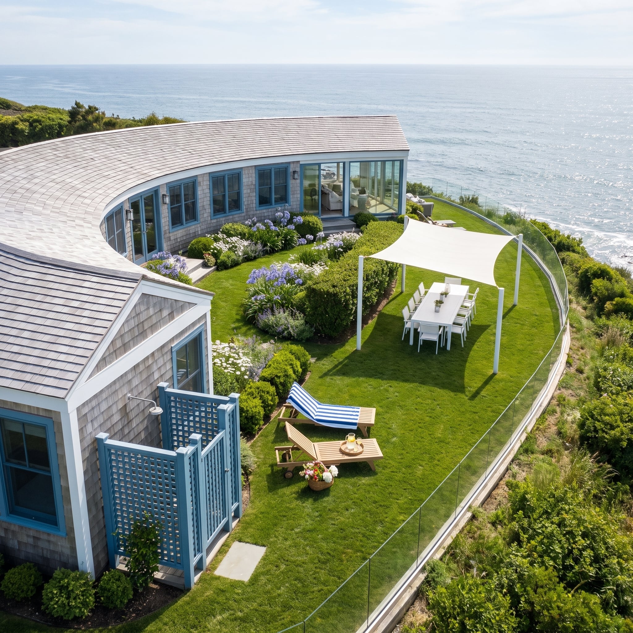 Curved Shingle, Glass Railing, and an Oceanfront Garden Nobody Has to Mow Around