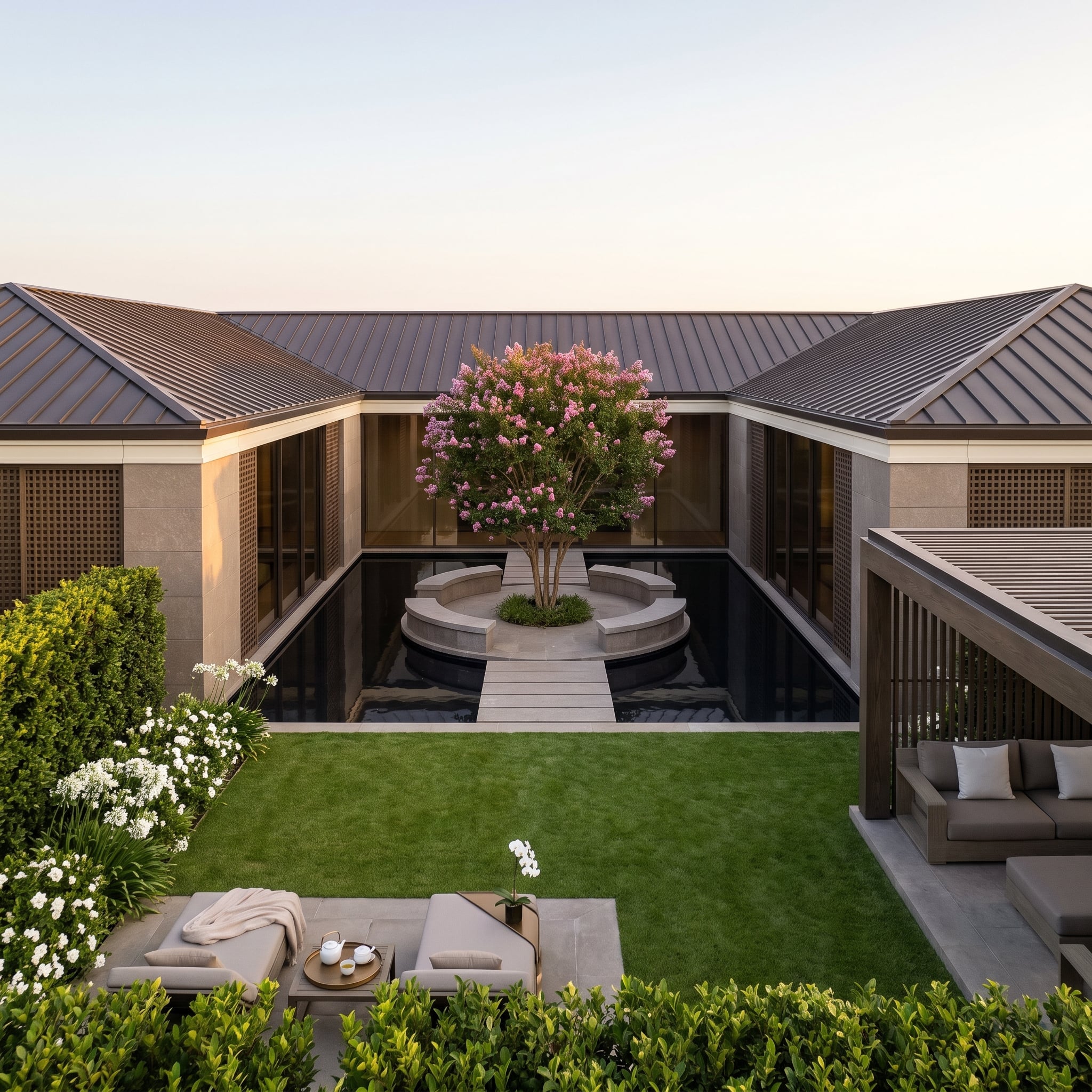 Dark Metal Roof, a Blooming Courtyard Tree, and Zero Steps to Anywhere