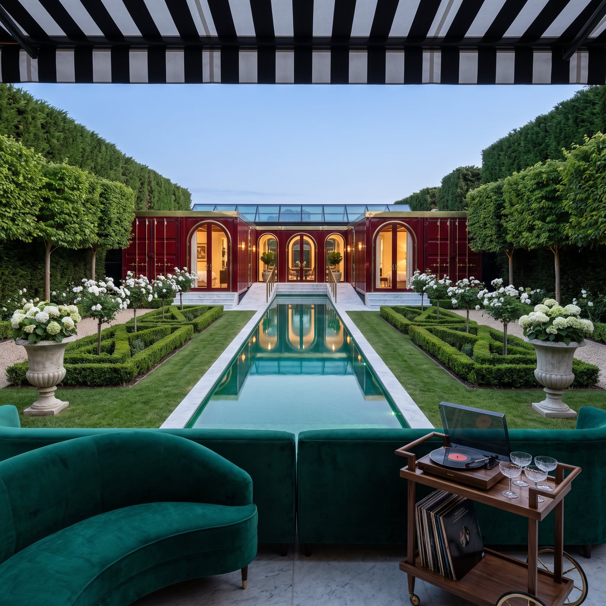 Emerald Velvet, a Record Player, and Formal Parterres Framed by Striped Canvas