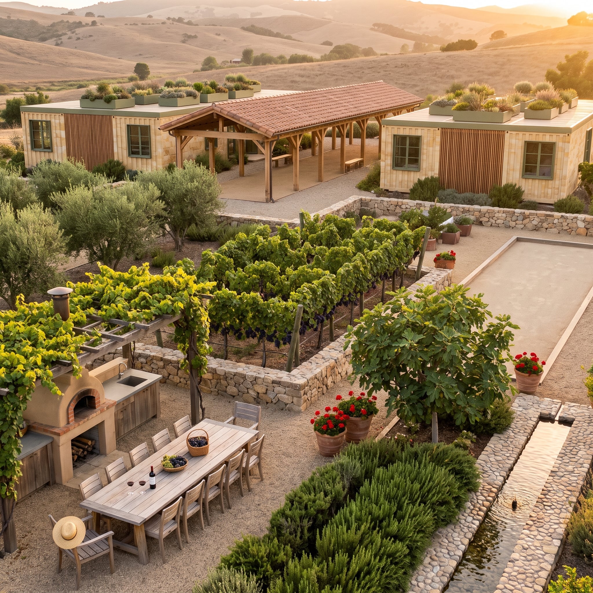 Grapevines, a Wood-Fired Oven, and Rolling Hills Framed at Golden Hour