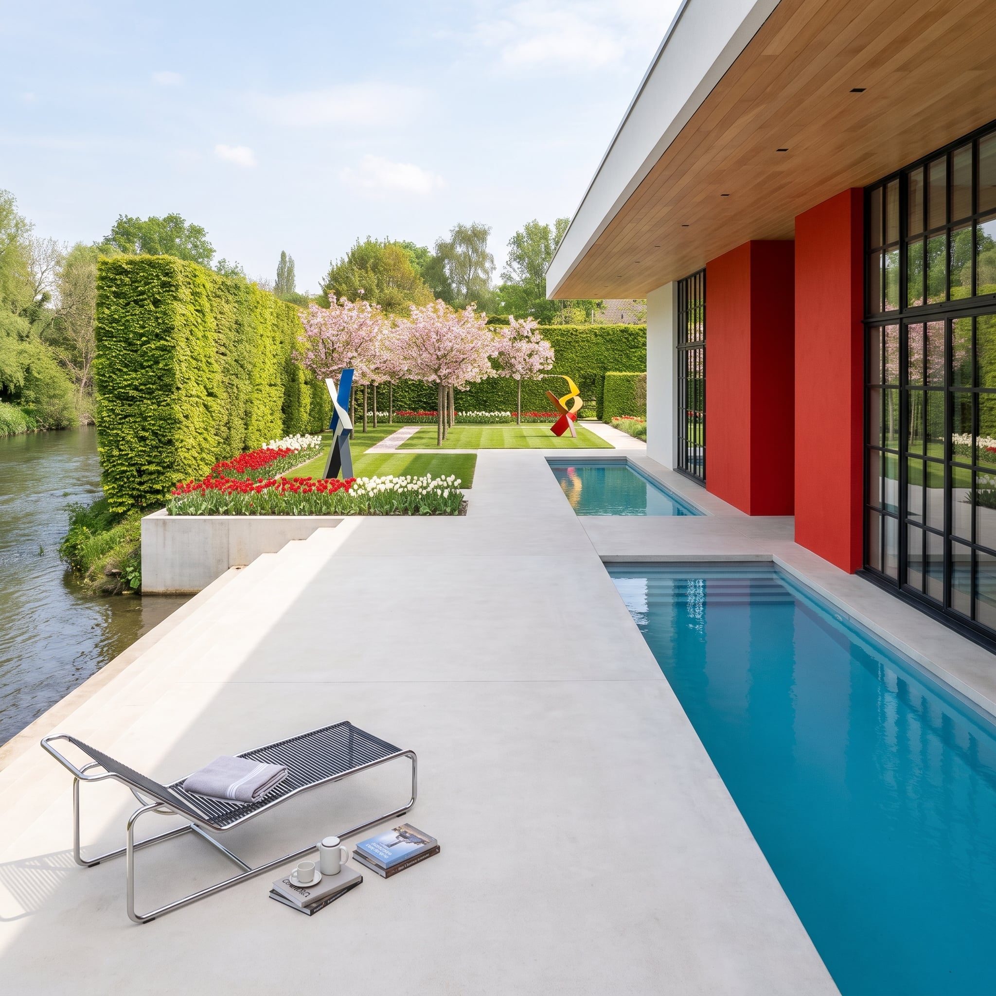 Lap Pool Flush With the Terrace, Cherry Blossoms, and Sculptures Nobody Expected