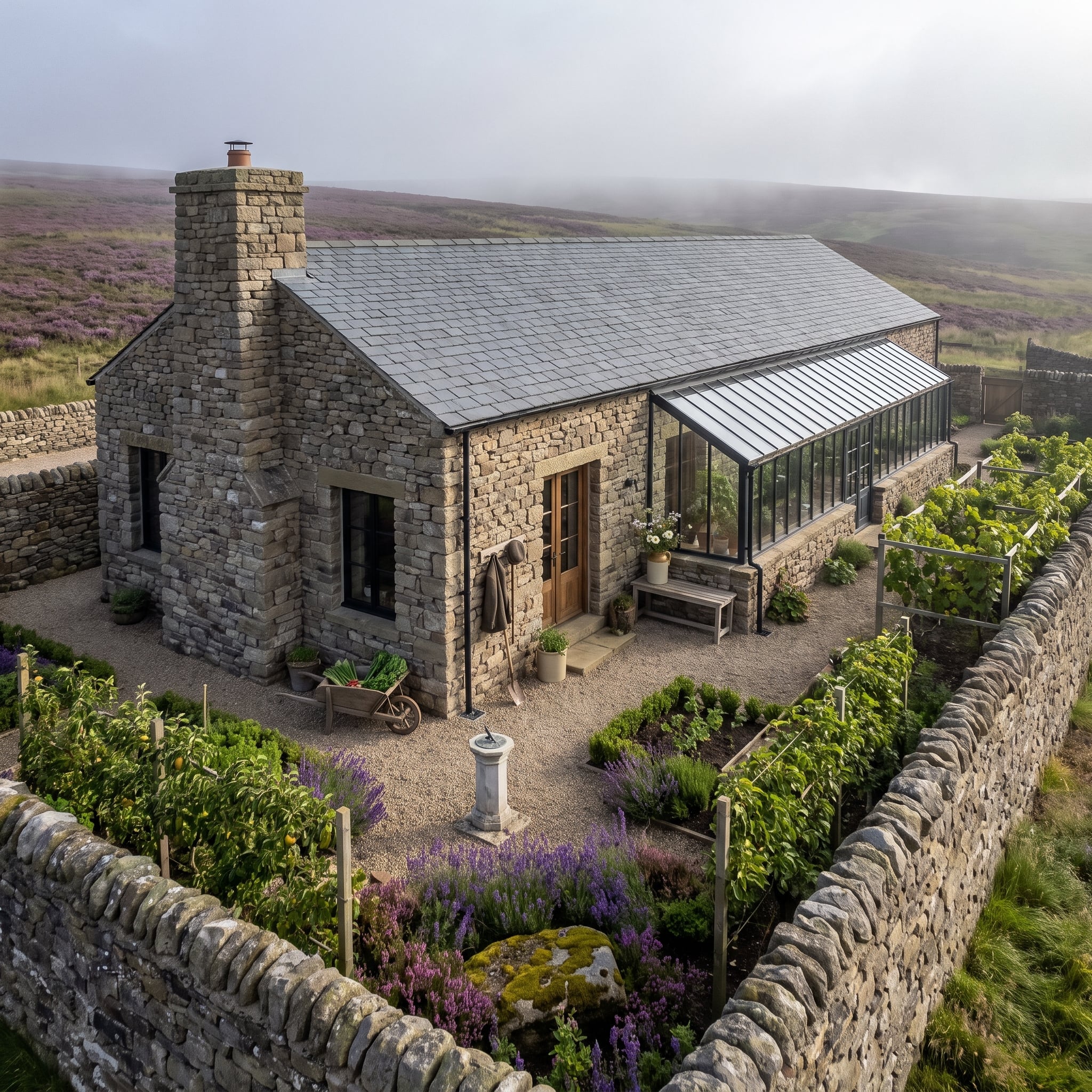 Moorland Stone, a Glass Lean-To Greenhouse, and Heather Rolling Right to the Door