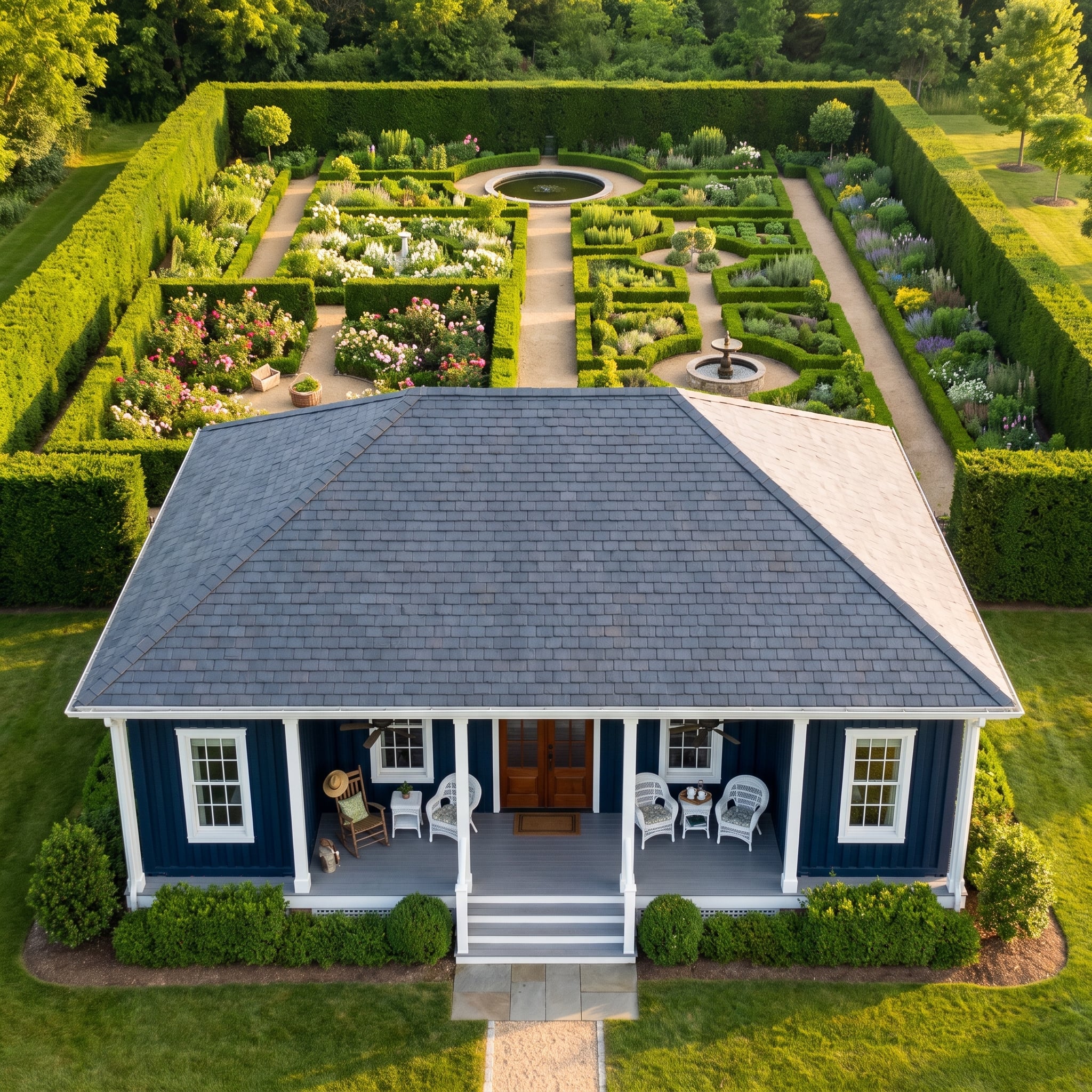 Navy Blue Siding, White Wicker, and a Formal Garden Waiting Just Beyond the Porch