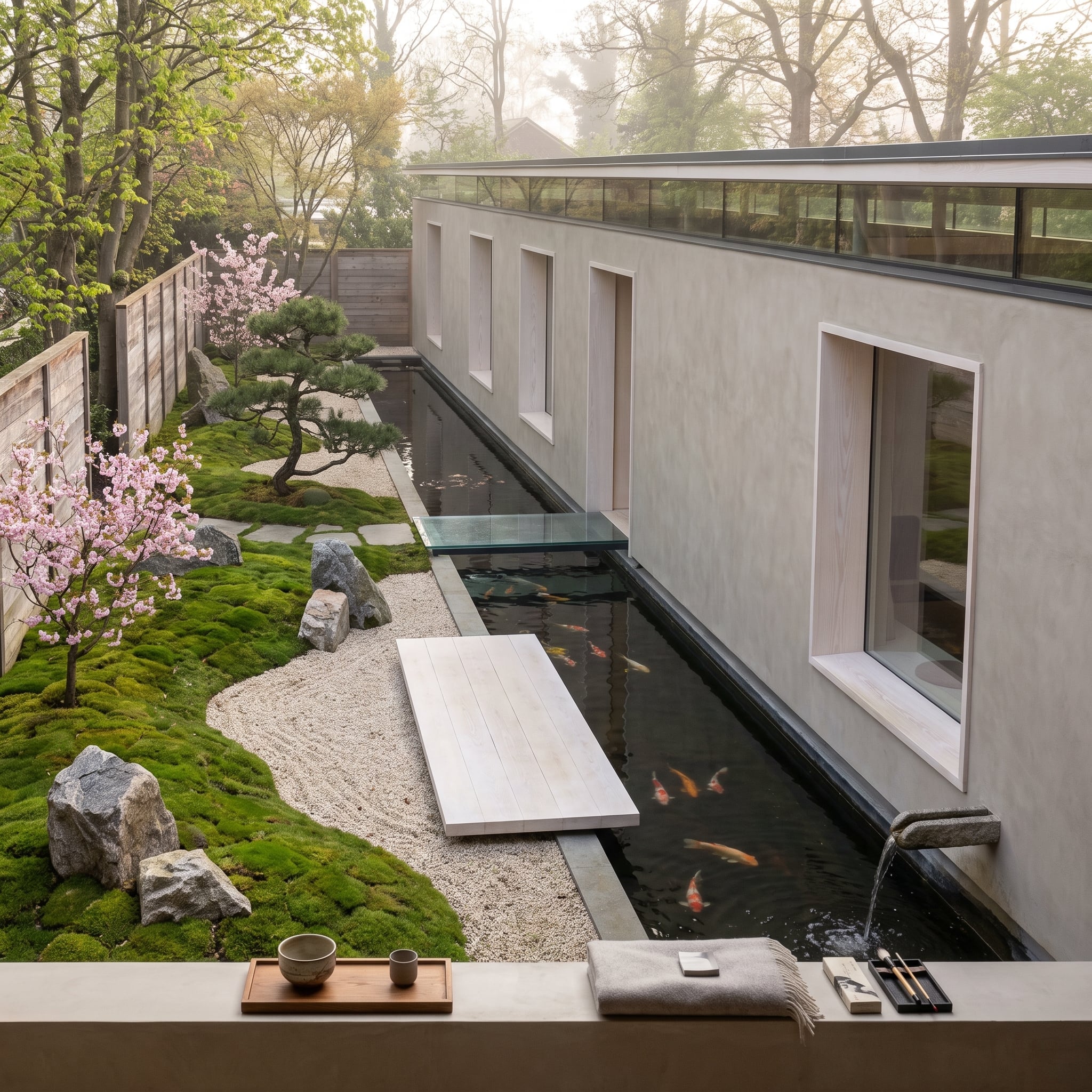 Raked Gravel, Koi Running the Length of the Wall, and Cherry Blossoms Nobody Planted for Show