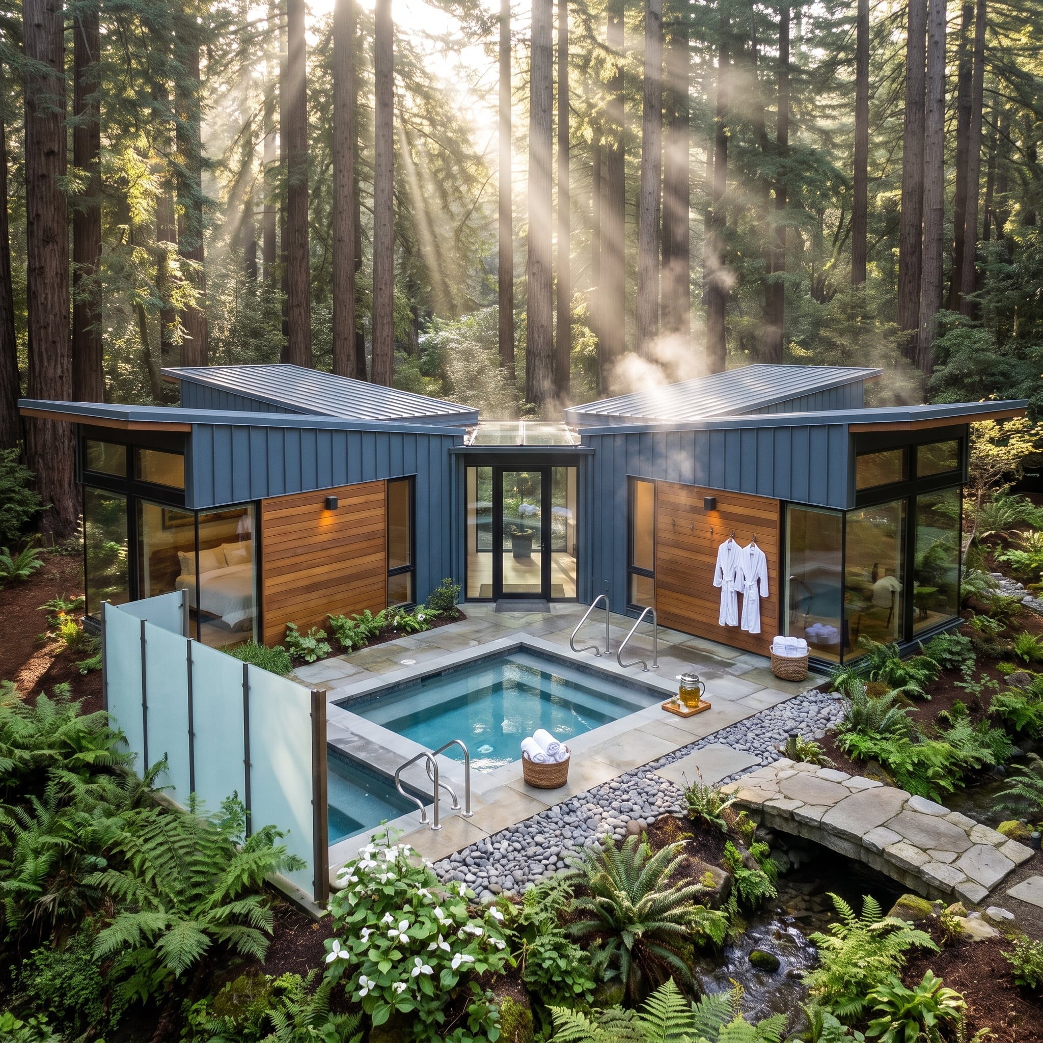 Redwood Forest, Plunge Pool Steam, and a Blue Metal Roof That Disappears Into the Canopy