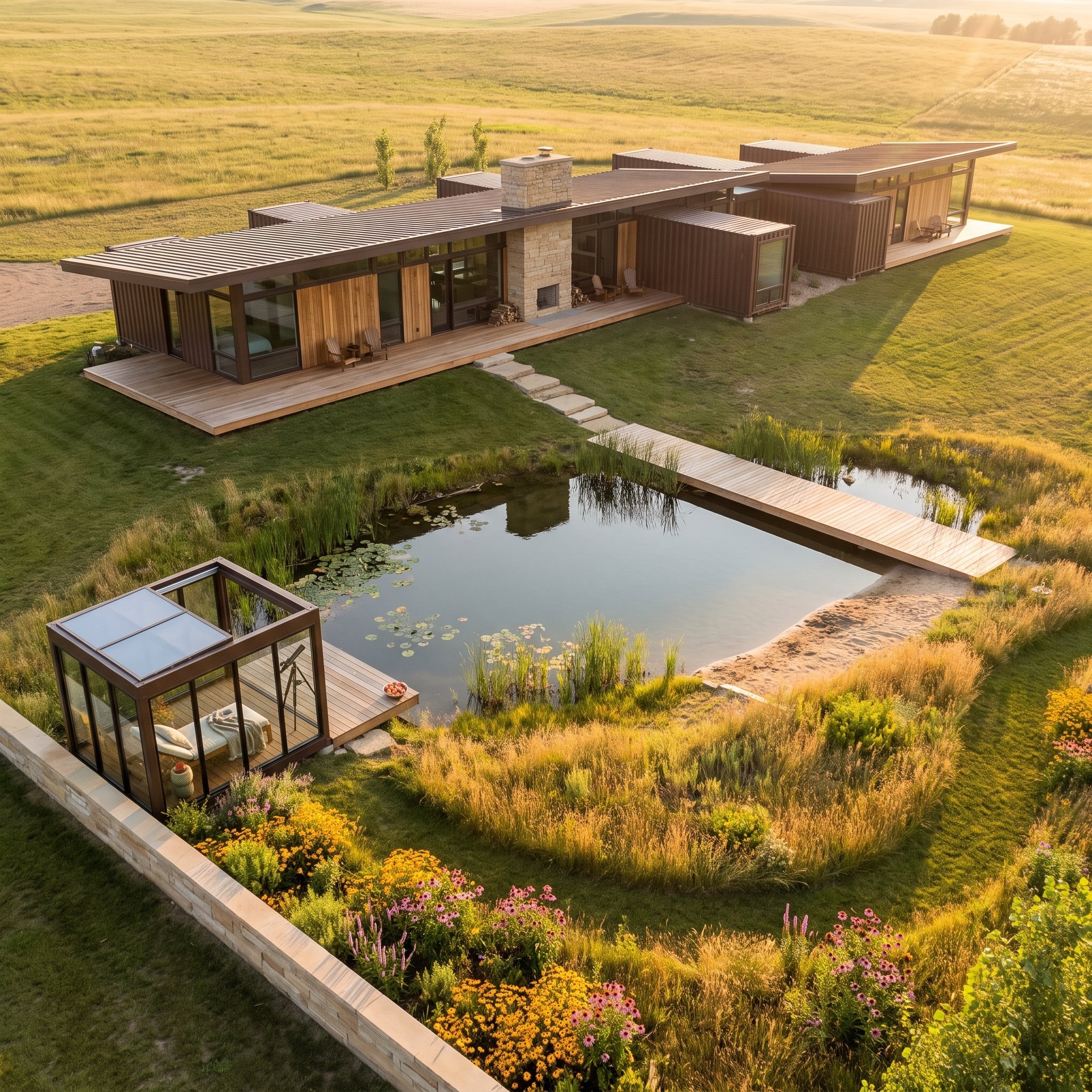 Six Containers, a Natural Pond, and Prairie Grass Running to the Horizon