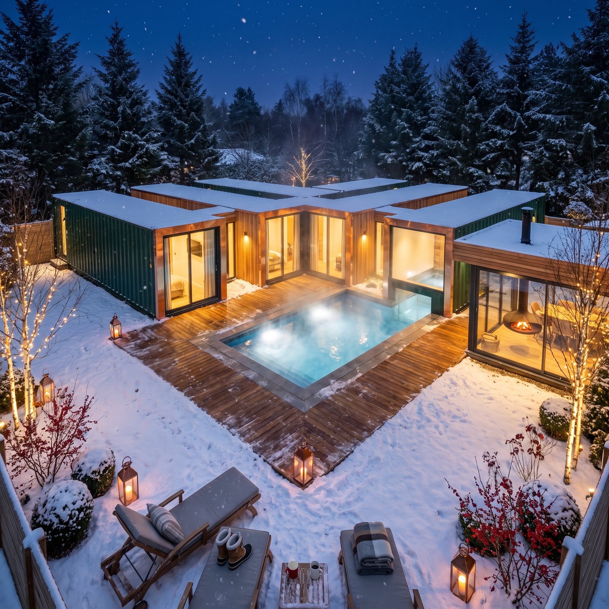 Snow Falling, Pool Steaming, Six Containers Arranged Around a Courtyard Nobody Has to Shovel