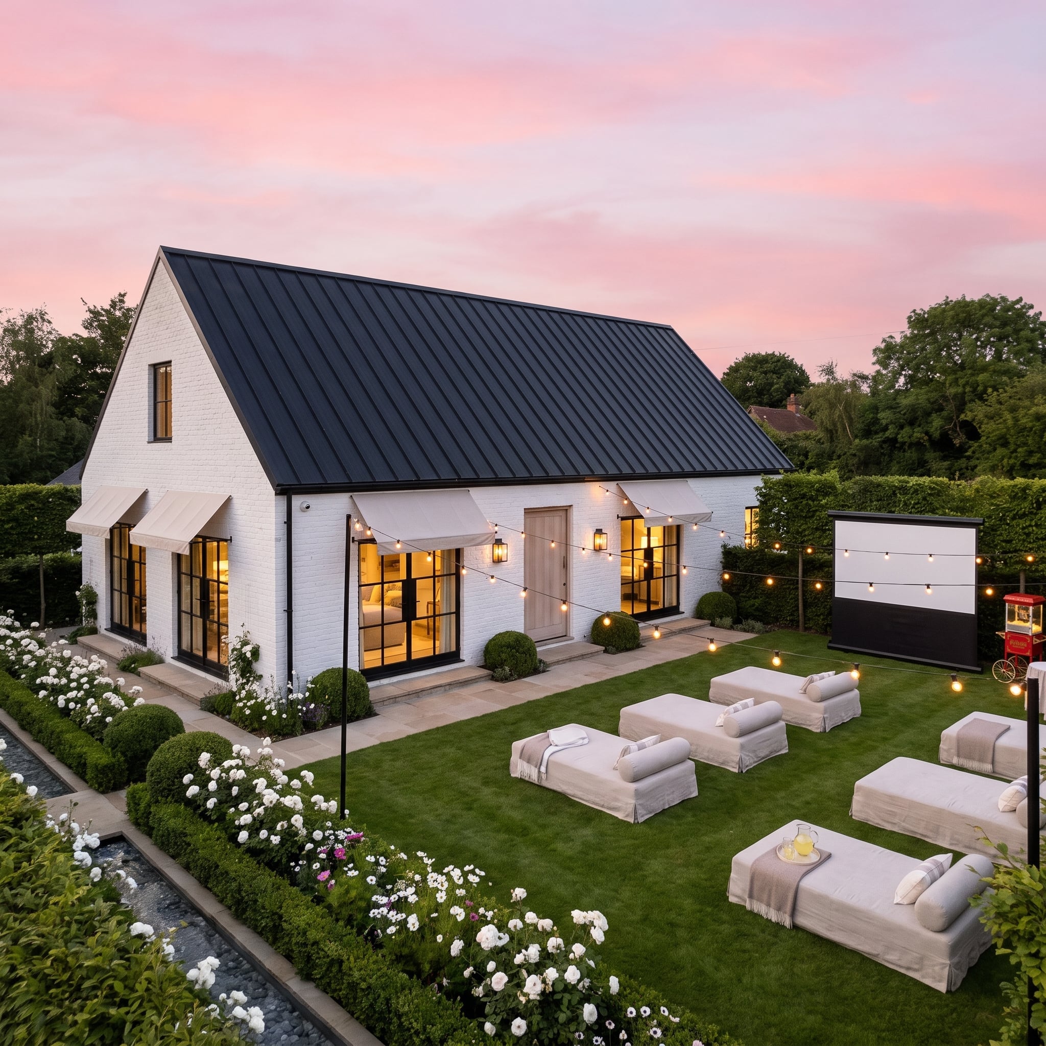 White Brick, Black Standing-Seam Roof, and an Outdoor Cinema Nobody Saw Coming