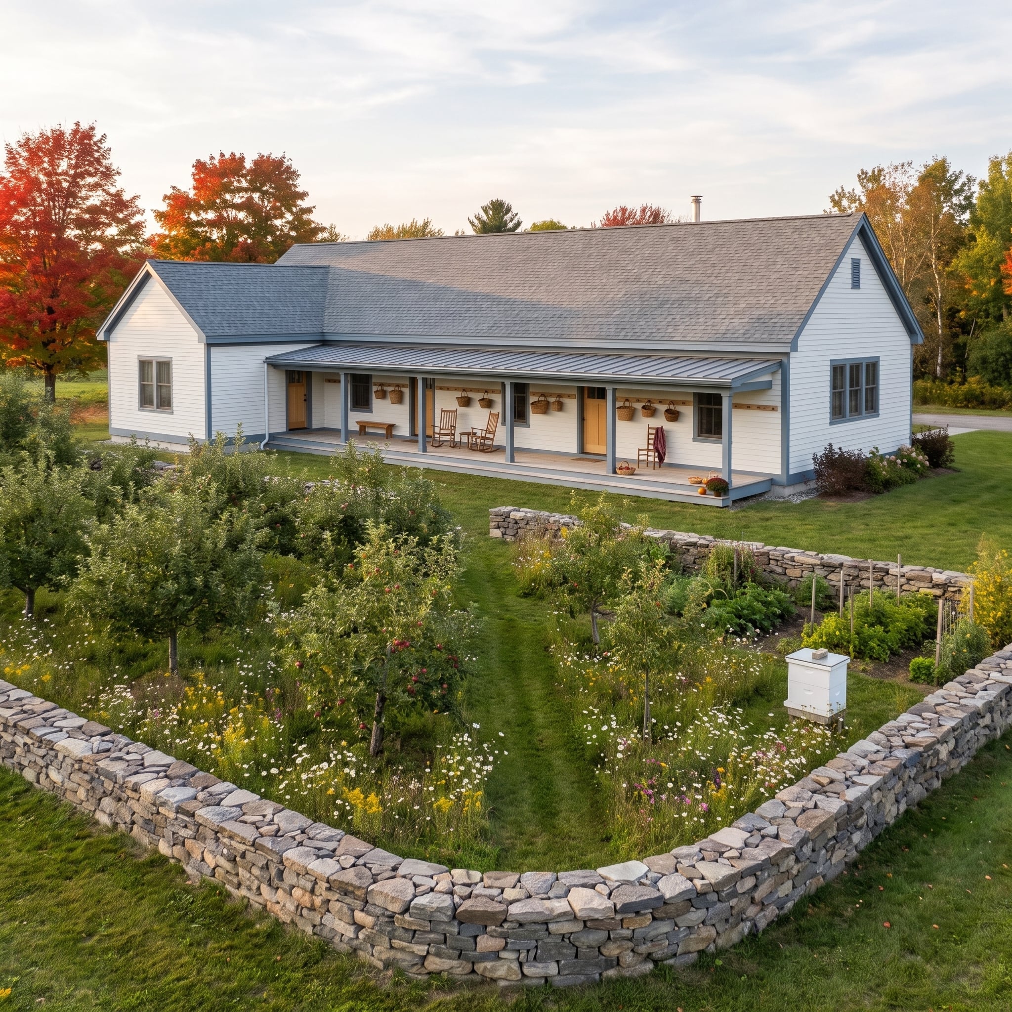 White Clapboard, Rocking Chair Porch, and a Beehive Tucked Into the Garden Wall