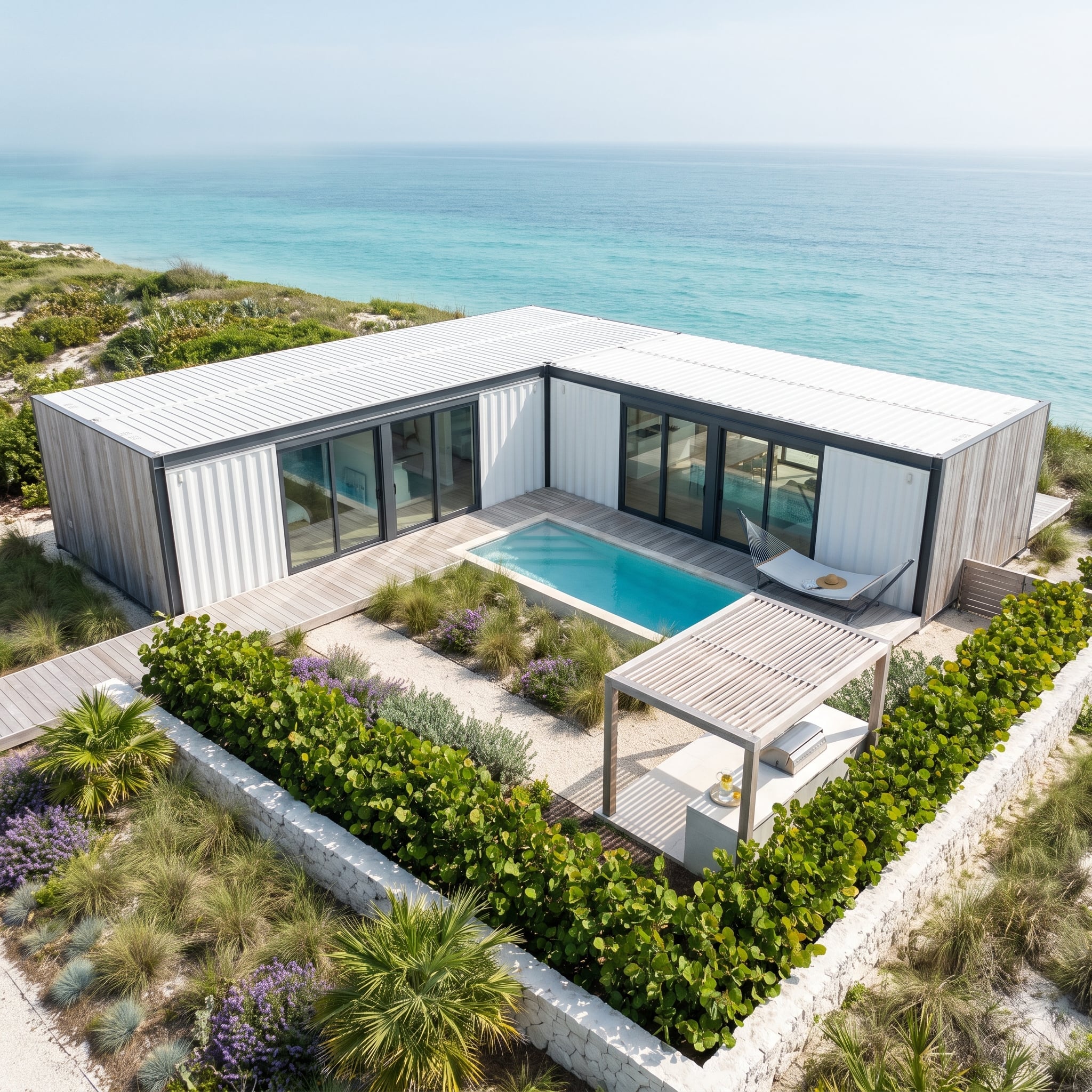 White Steel, Turquoise Water, and a Private Garden Pressed Against the Dunes