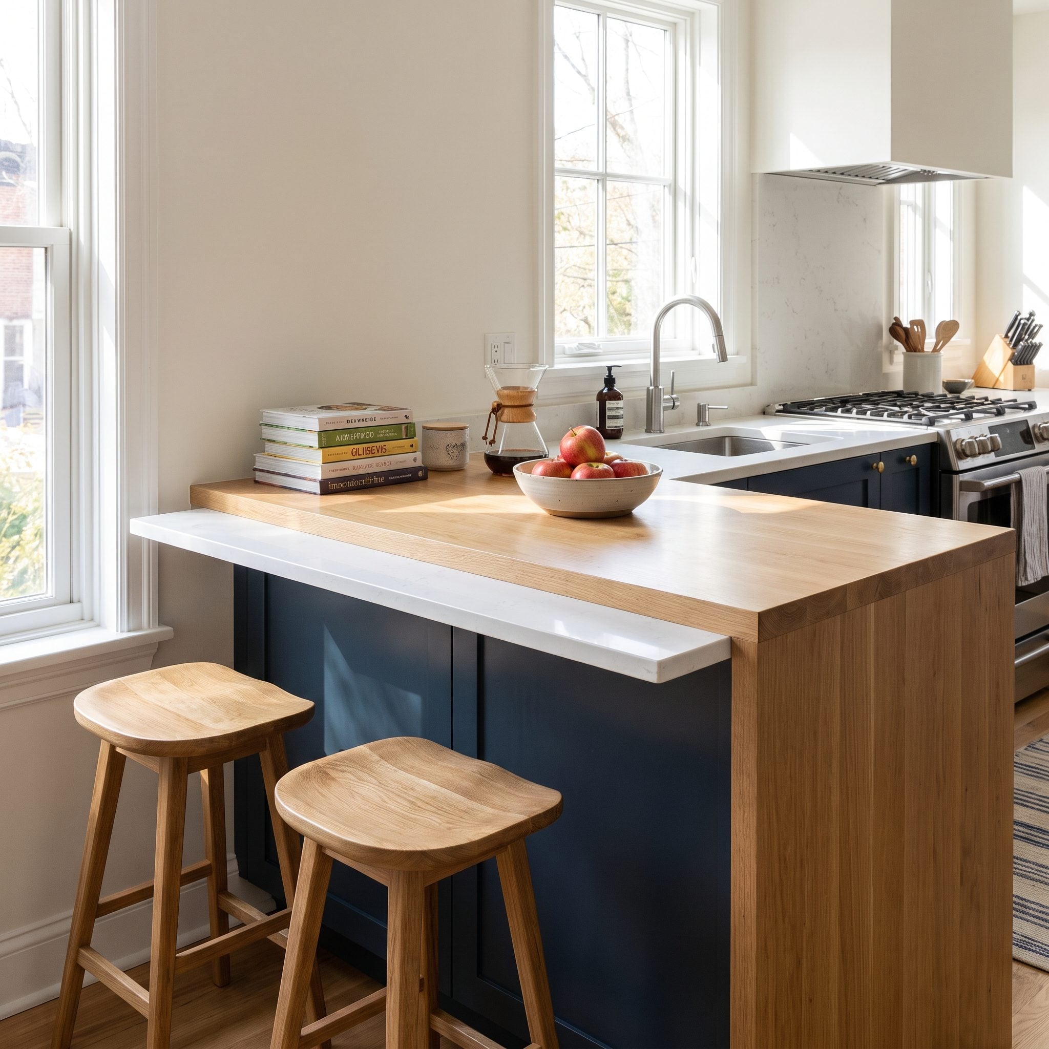 Pale oak kitchen with an island overhang of about 8 inches, leaving no room for a seated person's knees.