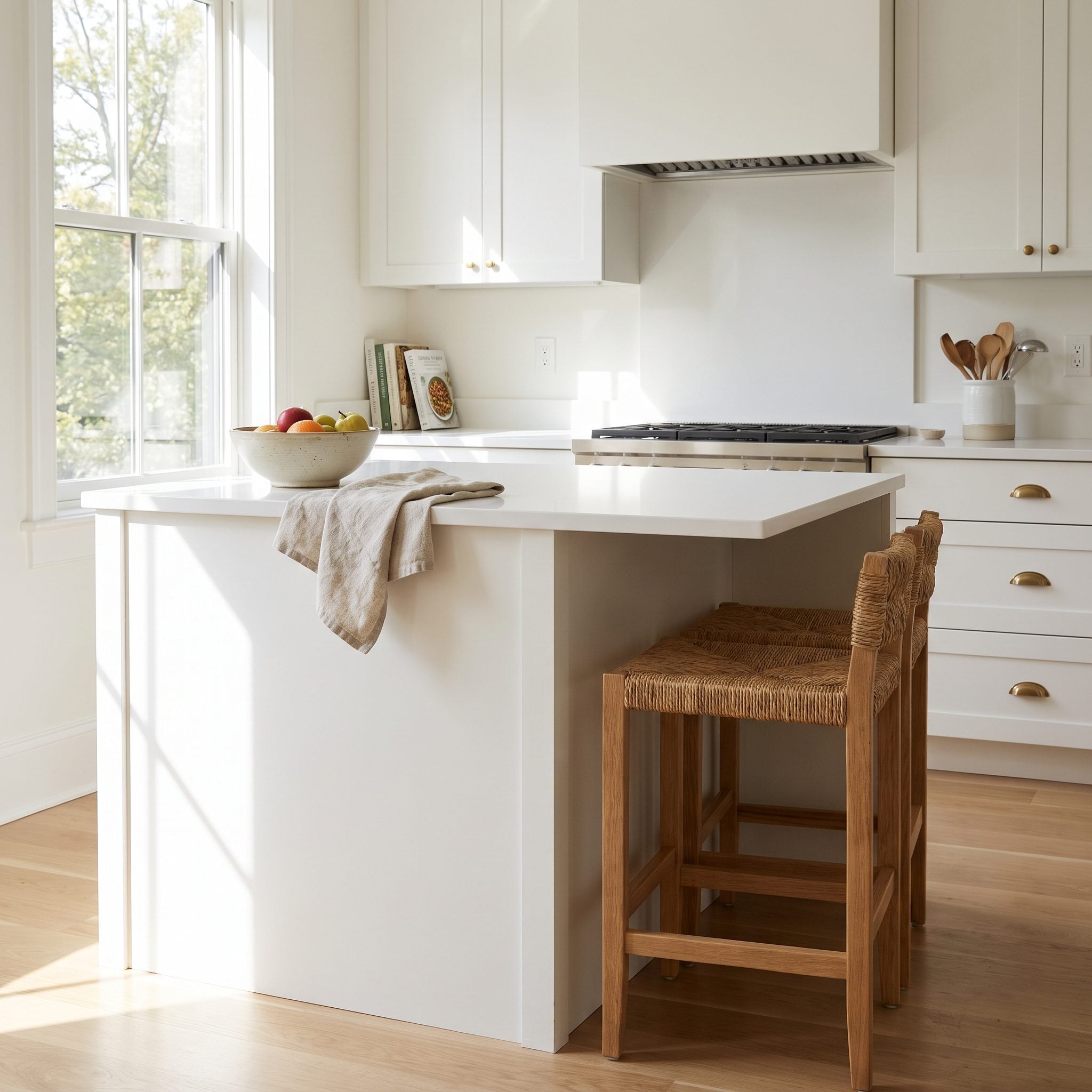 Sage green kitchen with three rattan counter stools pushed under an island whose counter sits close above the seats.