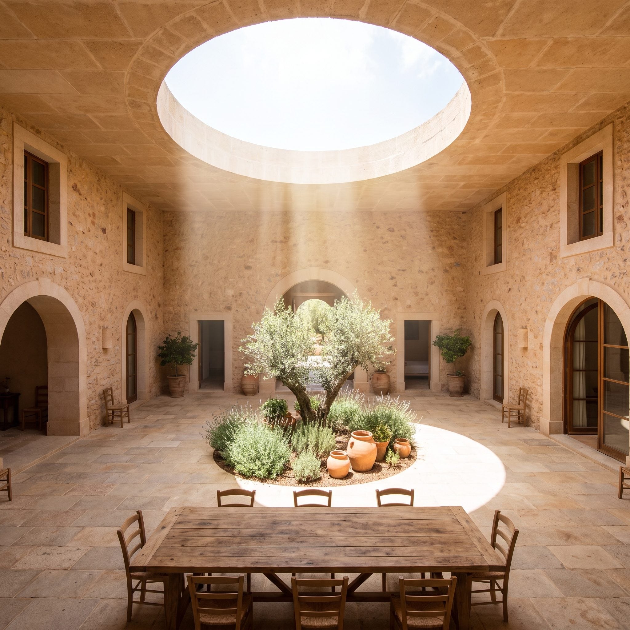 The Courtyard Dining Room With a Roof Open to the Sky