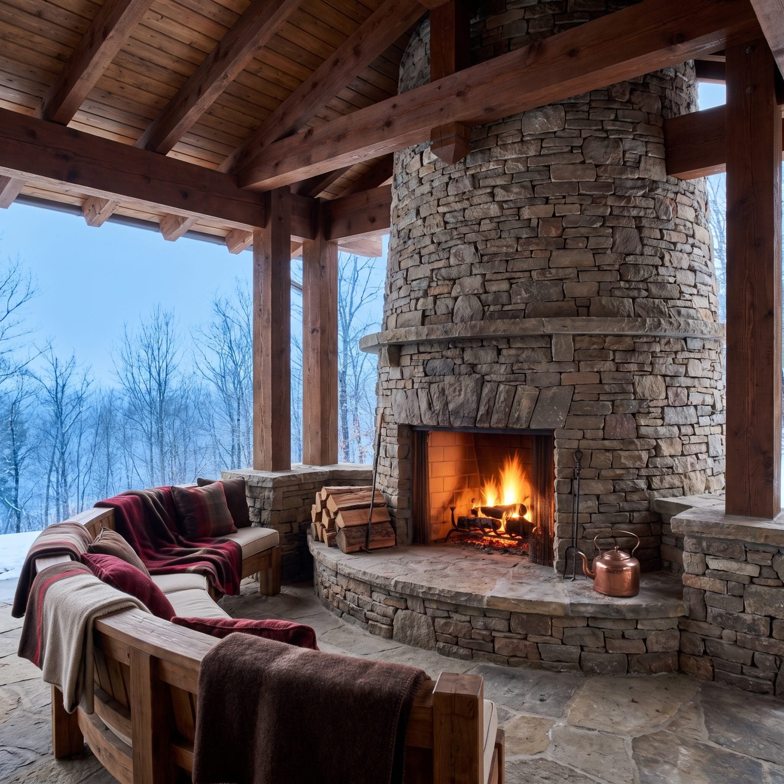 A Covered Porch Built Around an Outdoor Fireplace