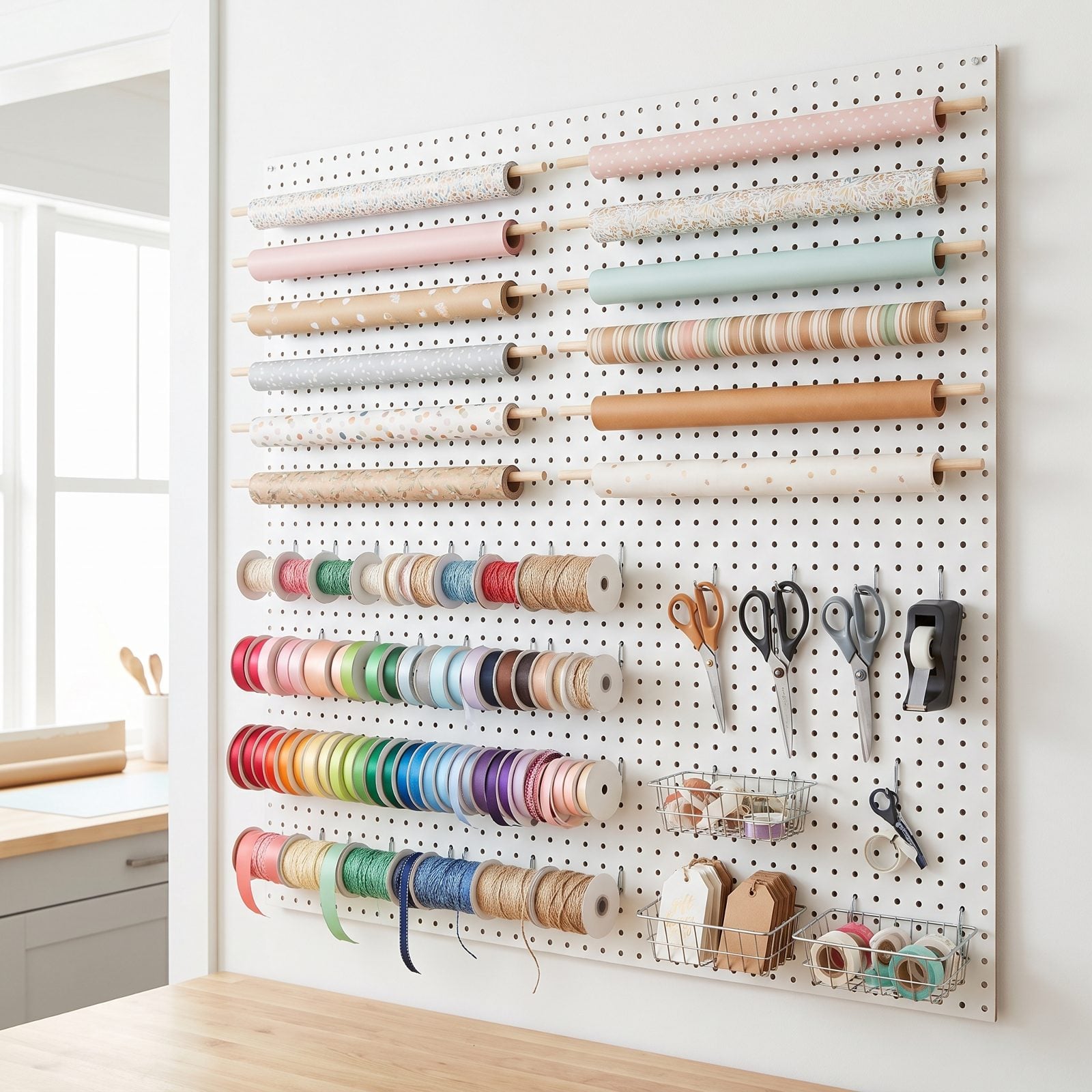 The Craft Room Pegboard Becomes a Gift-Wrapping Wall