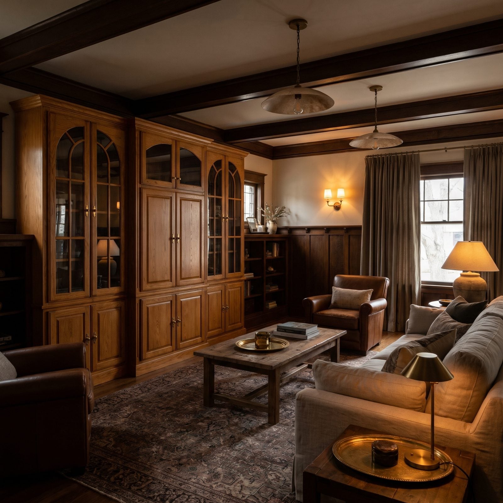 Craftsman Bones Hiding Behind a Brass-and-Oak Entertainment Center