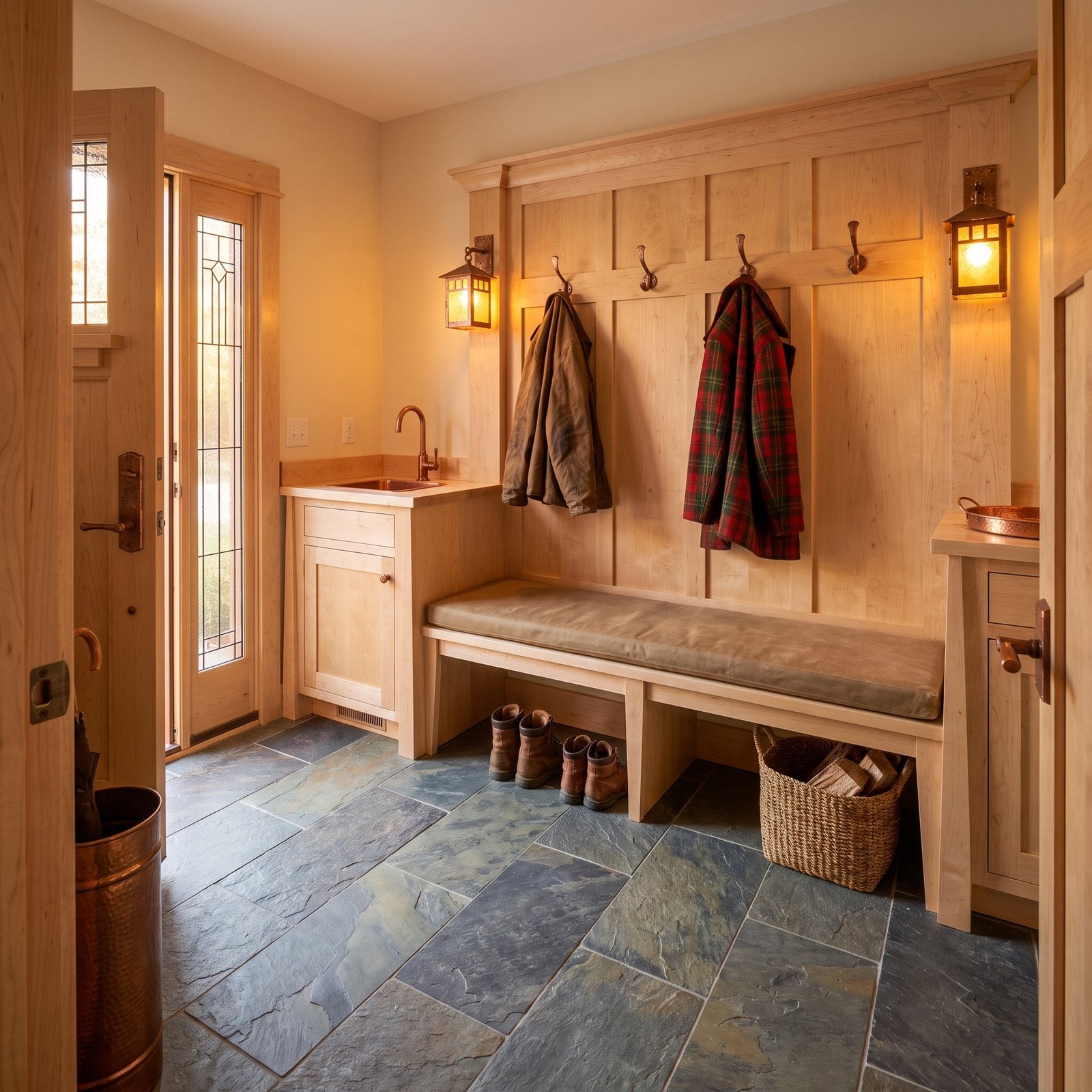 Craftsman Built-Ins Where Copper Lanterns Light a Slate Landing
