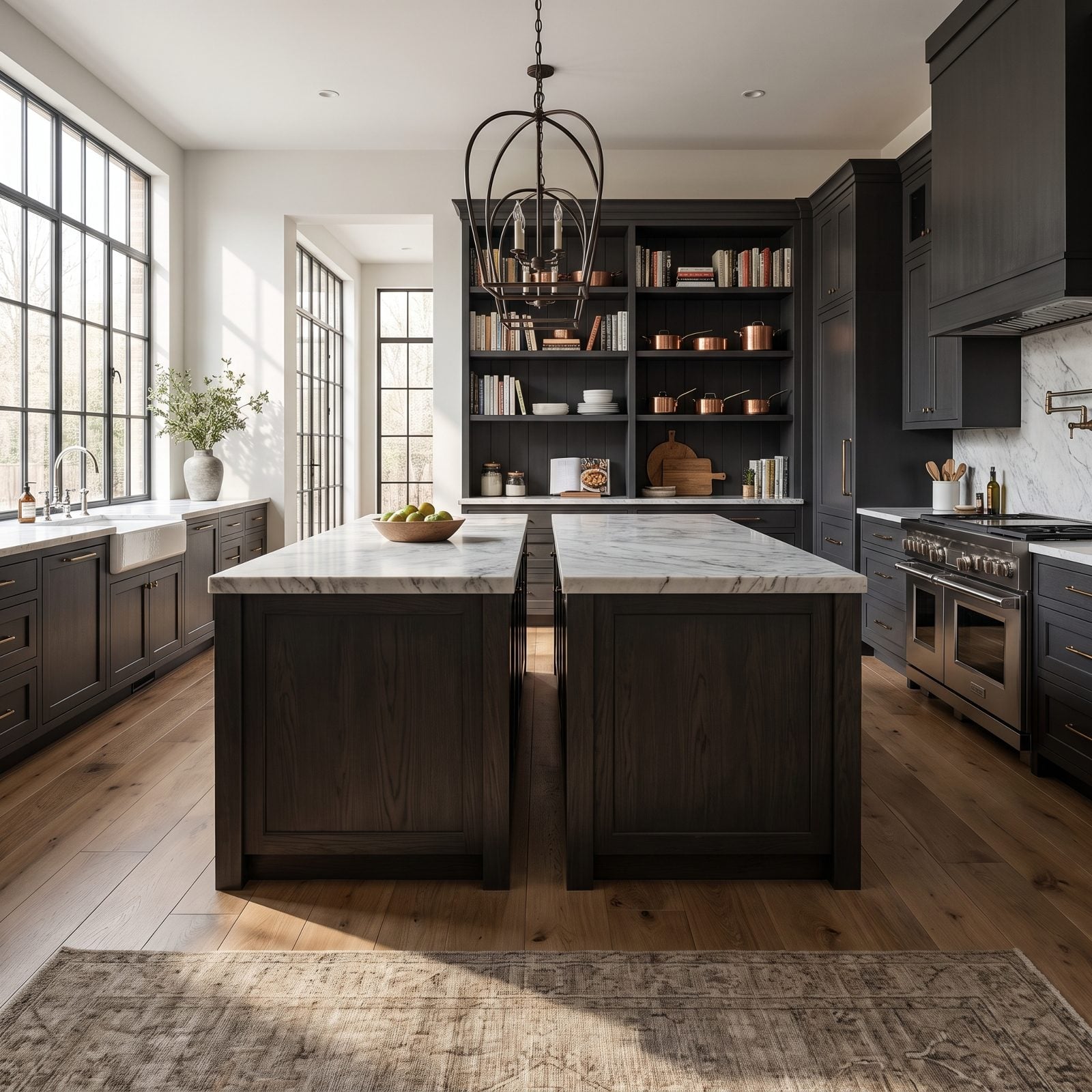 Average-size navy kitchen with two parallel islands leaving a narrow walkway between them.