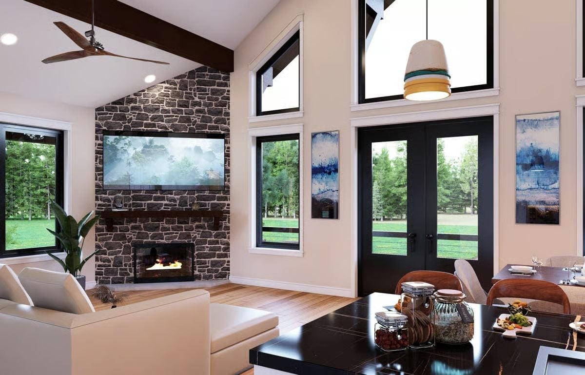 Stone Fireplace Wall and Vaulted Beams Make the Great Room Feel Like a Lodge