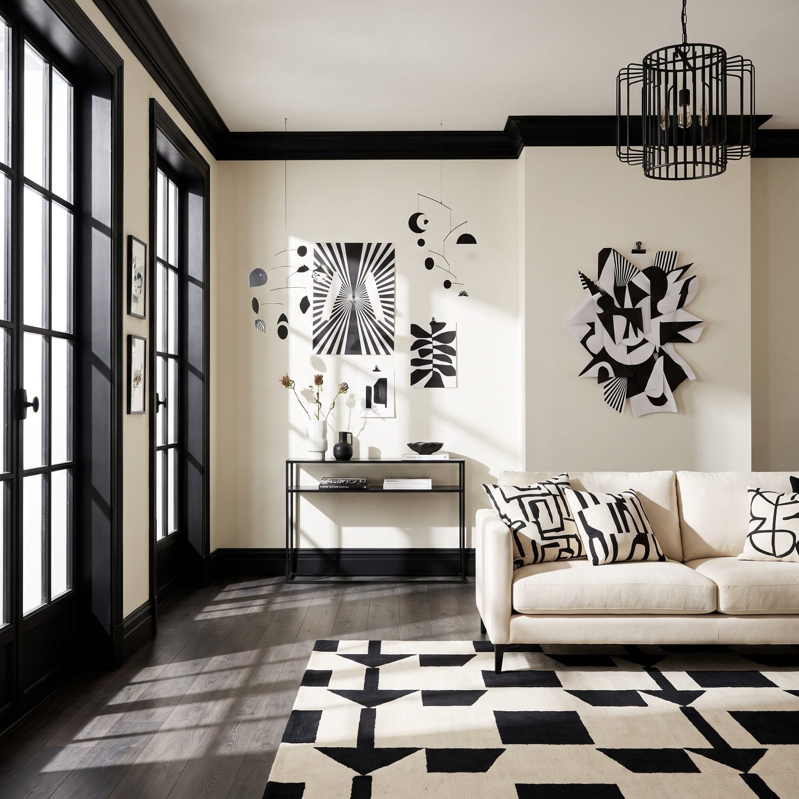 A Cream-and-Black Room with Graphic Paper Decorations