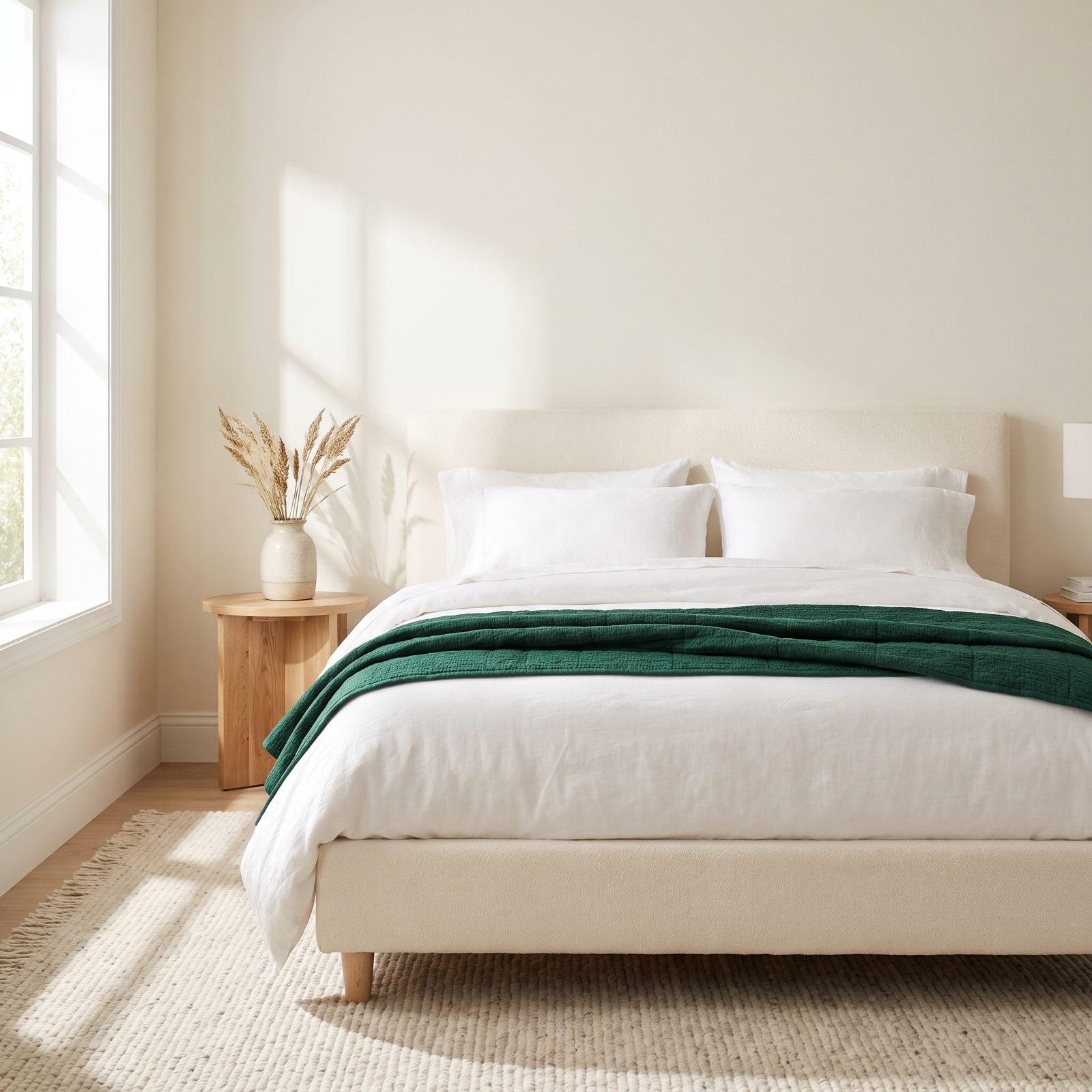 A Cream Bedroom With One Deep Green Quilt