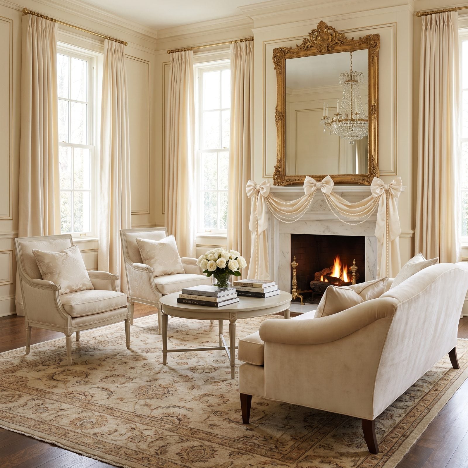 Cream Formal Parlor with Pearl Garlands and Satin Bows